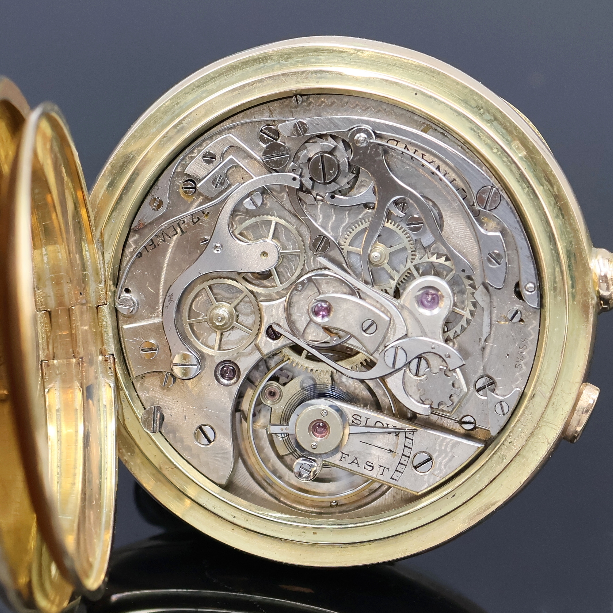 Detail e: Offene Herrentaschenuhr mit Chronograph- Rattrapante in GG 585/000, Schweiz um 1900, glattes Geh. dell., Drücker f. Rattrapante b. 11, ...