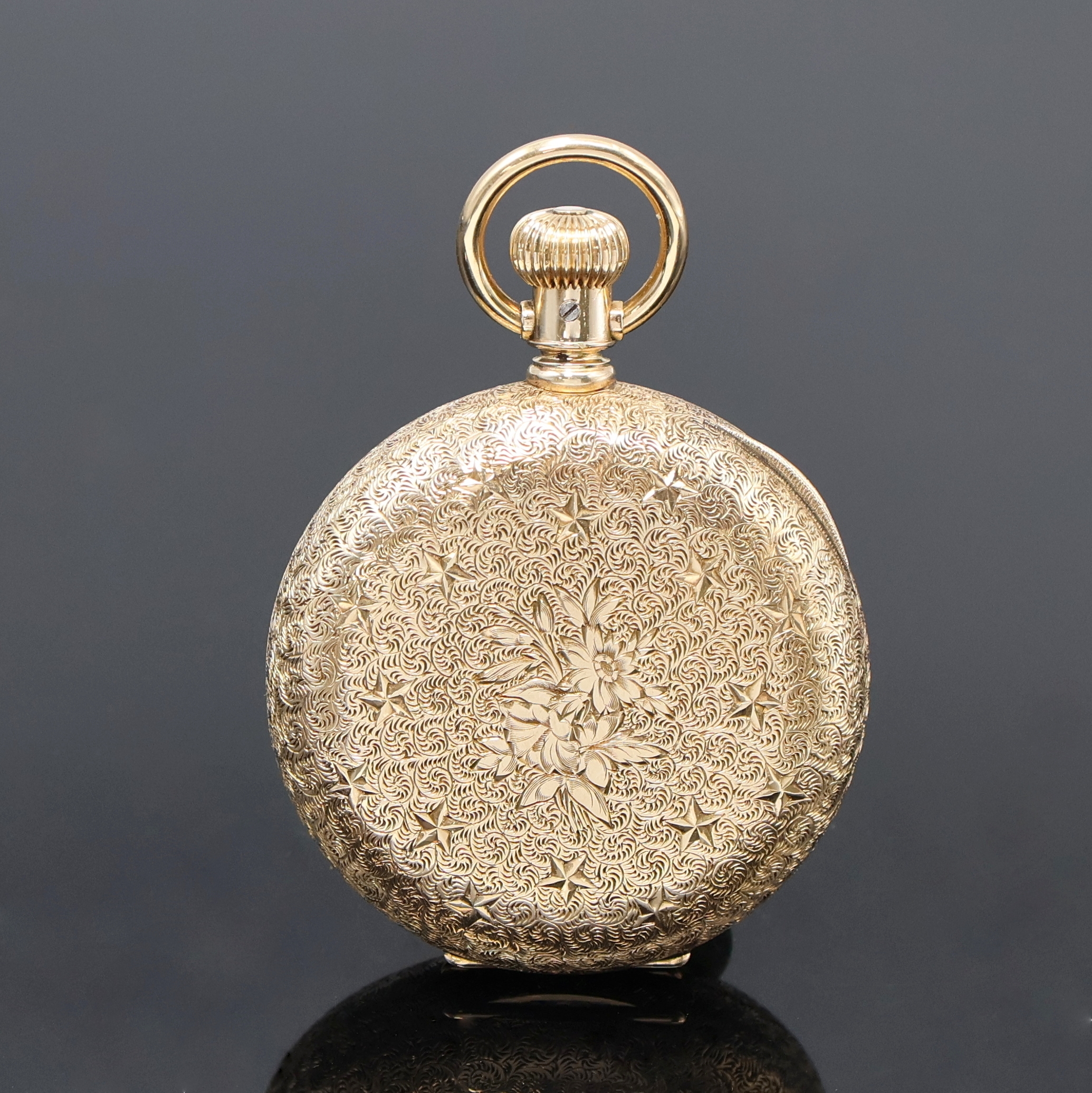 Detail b: ELGIN Savonette Taschenuhr in GG 585/000, USA um 1890, fein grav. 3-Deckel Goldgeh., 2- tlg. Emailzifferbl., feine gebl. Zeiger, kl. Sek. b. 6, verg. ...
