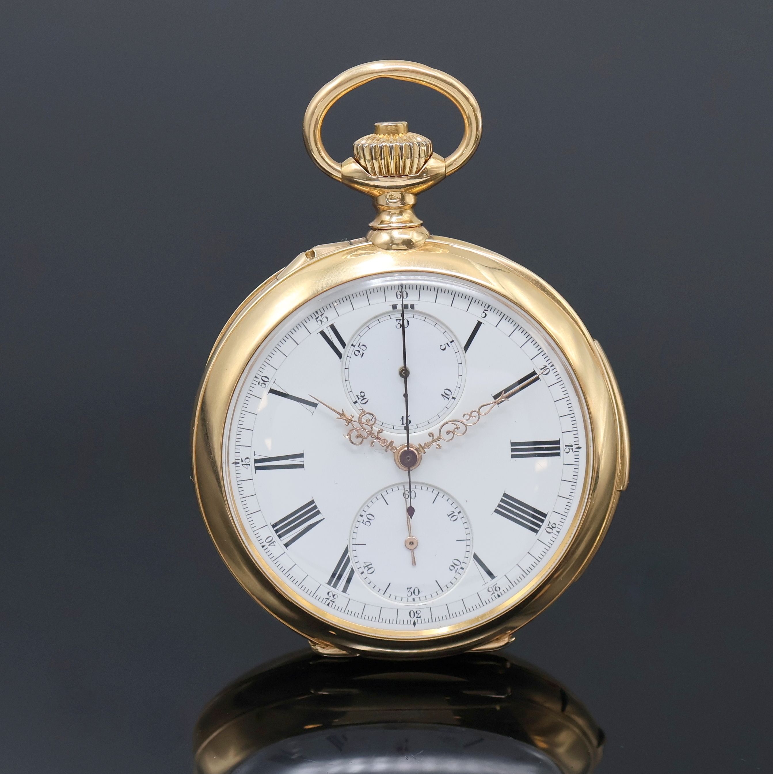 Image 27062460 - Schwere offene Herrentaschenuhr mit 1/4 Stunden-Repetition und Chronograph in GG 750/000, ...