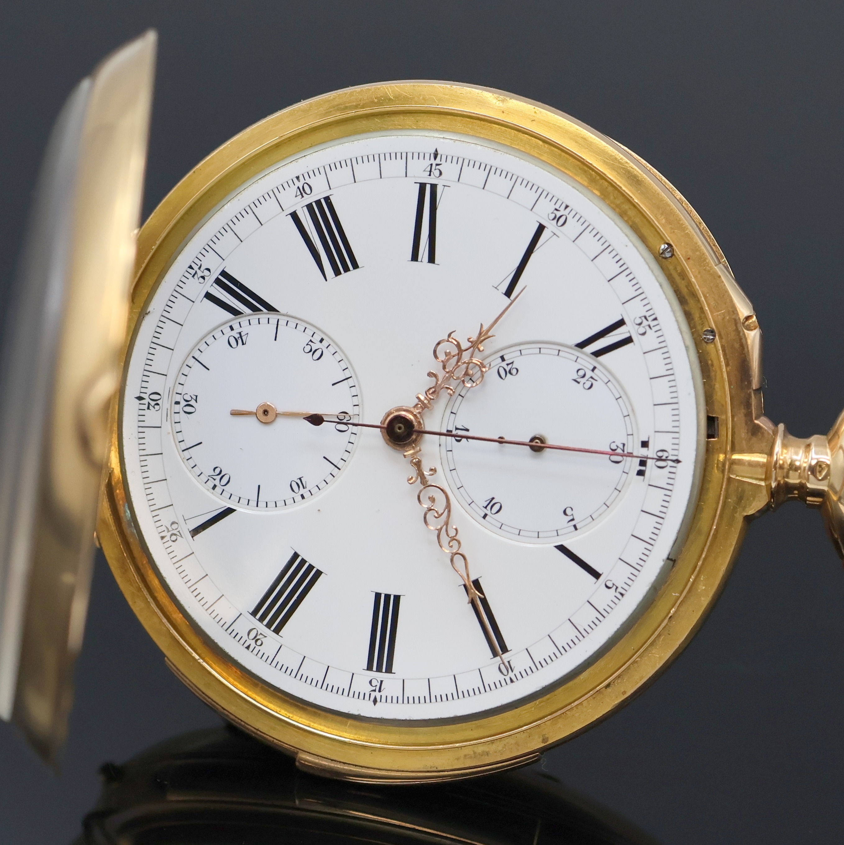 Detail a: Schwere offene Herrentaschenuhr mit 1/4 Stunden-Repetition und Chronograph in GG 750/000, Schweiz/Frankreich um 1895, glattes 2-Deckel Goldgeh. m. ...
