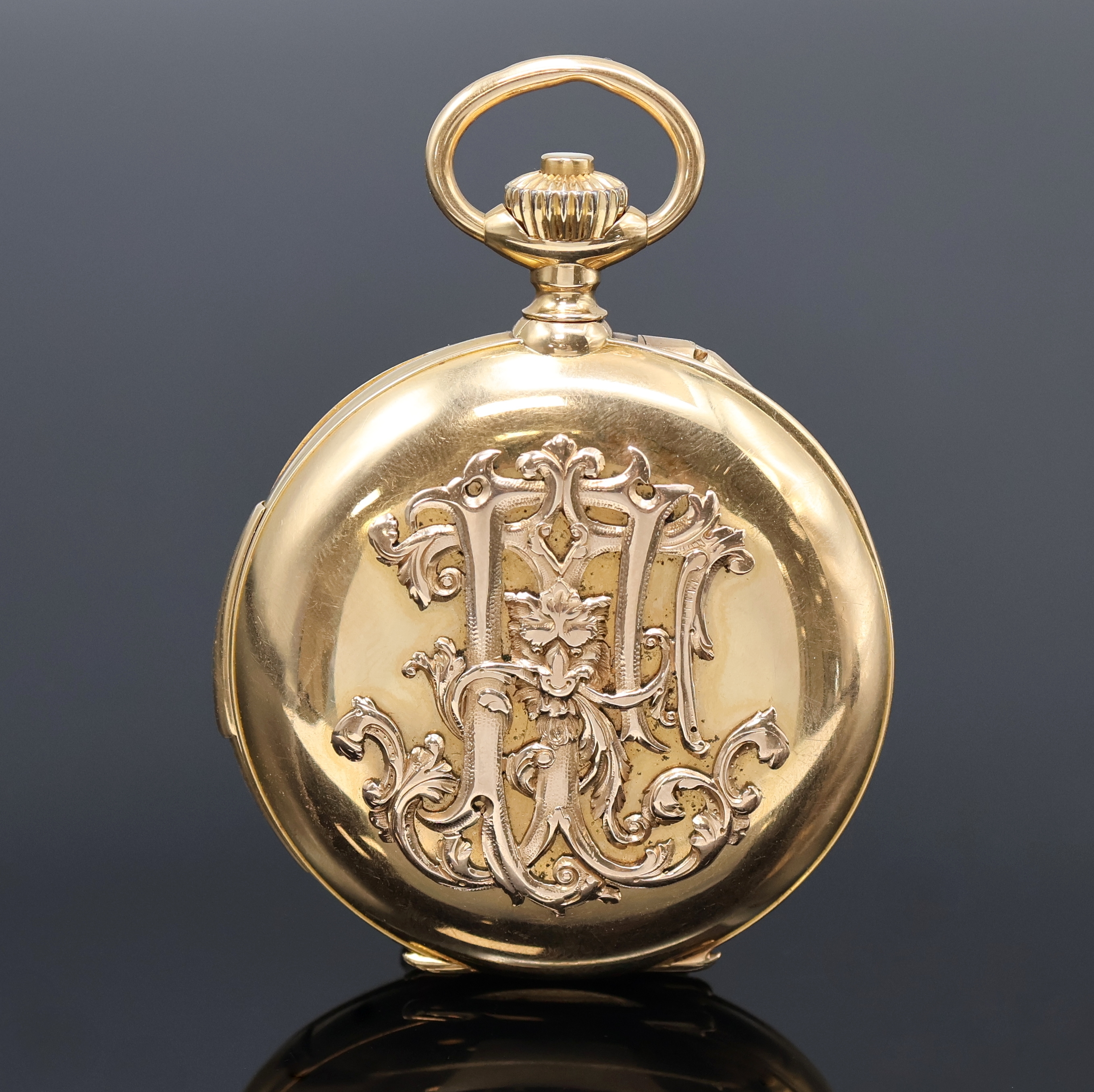 Detail b: Schwere offene Herrentaschenuhr mit 1/4 Stunden-Repetition und Chronograph in GG 750/000, Schweiz/Frankreich um 1895, glattes 2-Deckel Goldgeh. m. ...