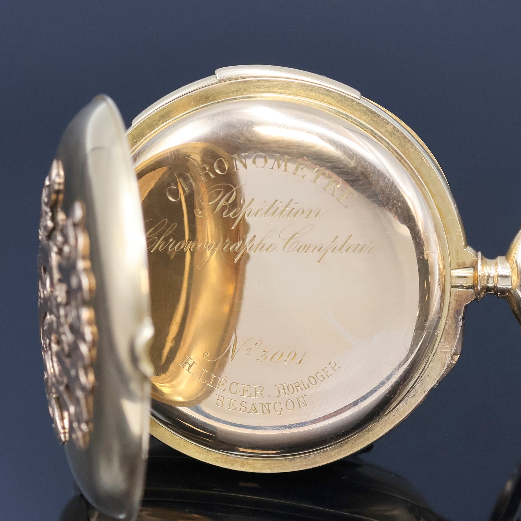 Detail d: Schwere offene Herrentaschenuhr mit 1/4 Stunden-Repetition und Chronograph in GG 750/000, Schweiz/Frankreich um 1895, glattes 2-Deckel Goldgeh. m. ...