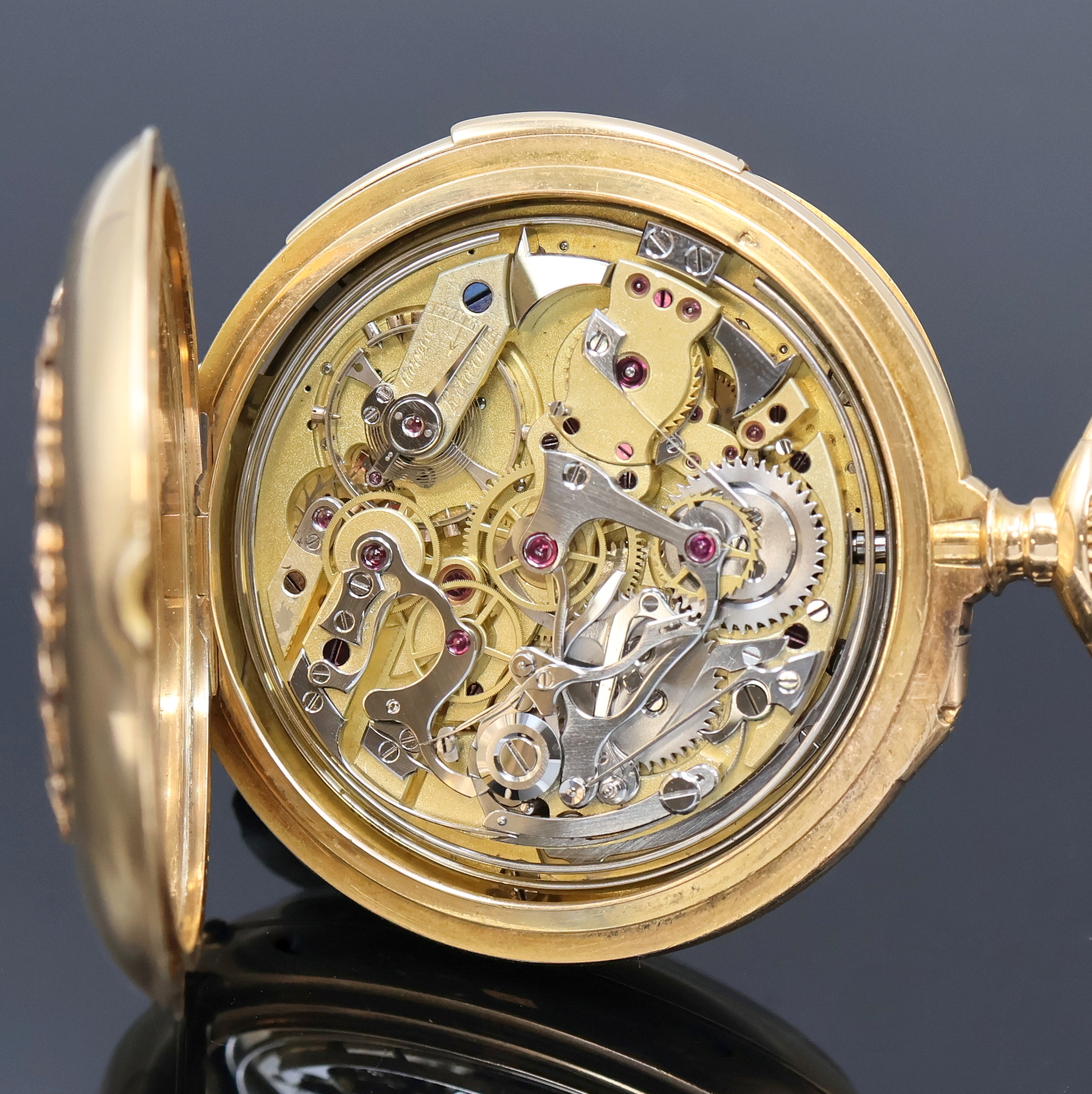 Detail f: Schwere offene Herrentaschenuhr mit 1/4 Stunden-Repetition und Chronograph in GG 750/000, Schweiz/Frankreich um 1895, glattes 2-Deckel Goldgeh. m. ...