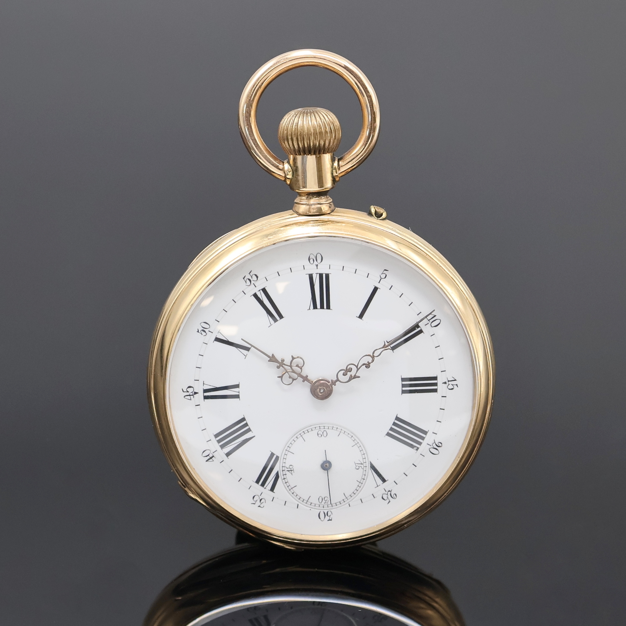 Image 27062461 - Offene Herrentaschenuhr in GG 585/000, Schweiz um 1880, guill. Geh. berieb., Signatur ...