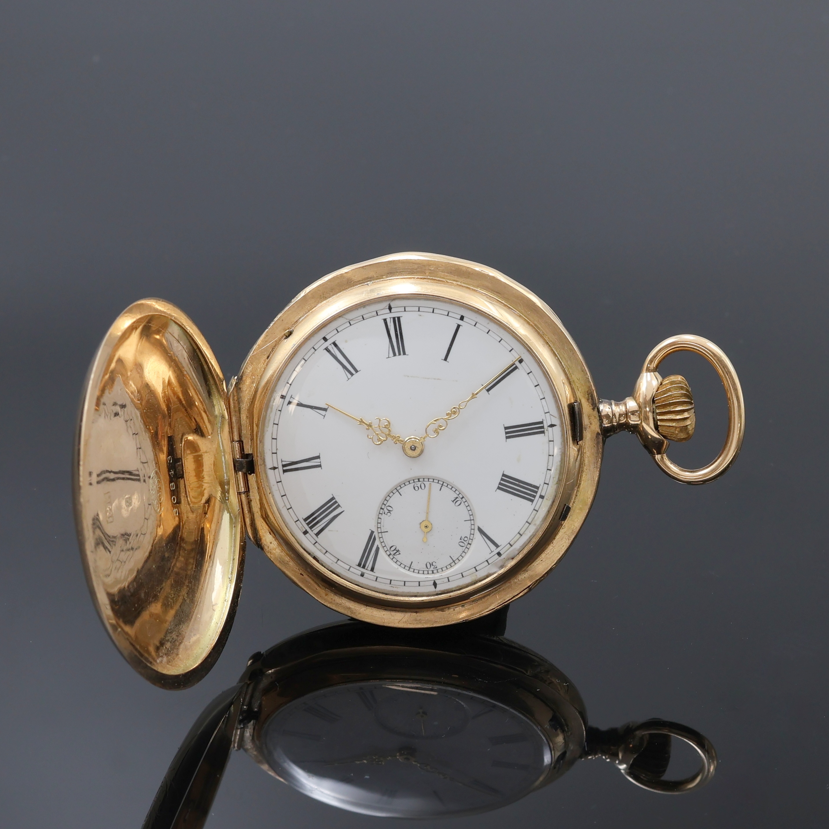 Image 27062463 - CYRUS Herrensavonette in GG 585/000, Schweiz um 1890, glattes, floral grav. 3-Deckel- ...