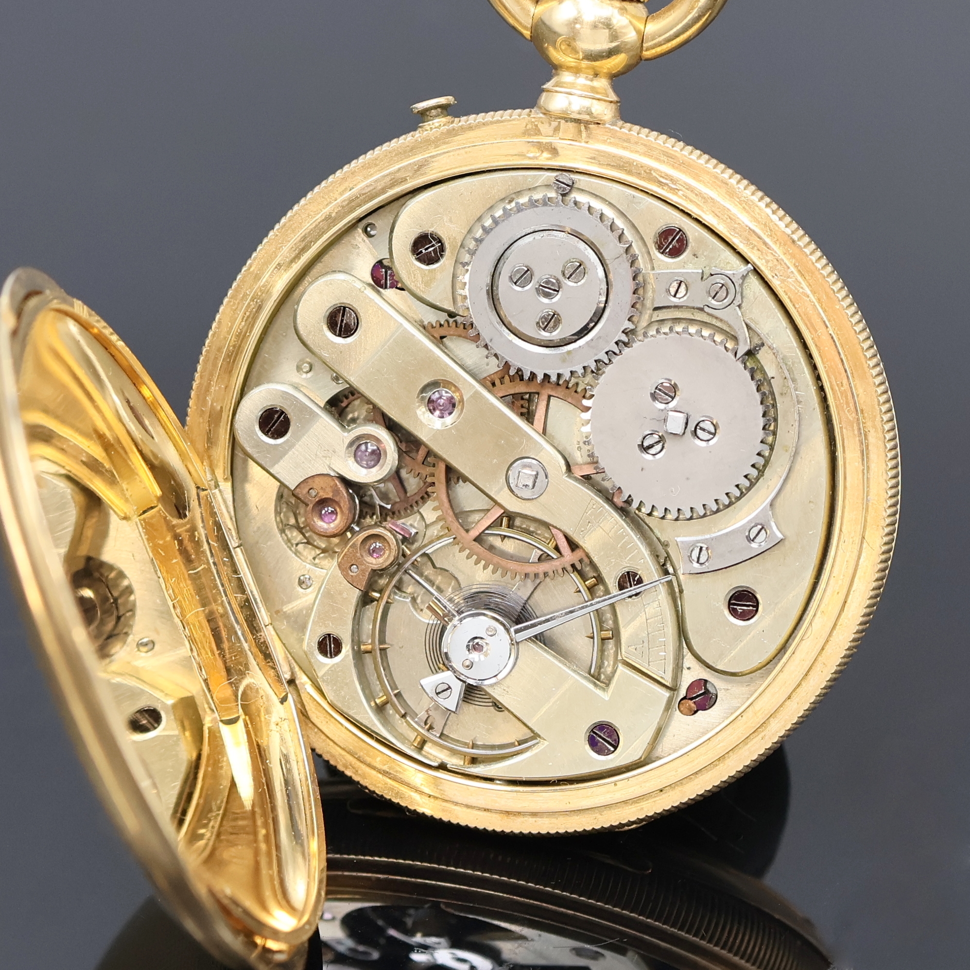 Detail f: GOEORGES ROBERT Locle Savonette in GG 750/000, Schweiz um 1870, guill. 3-Deckel Goldgeh., Saturnring-Bügel, 2-tlg. Emailzifferbl. sign., feine gebl. ...