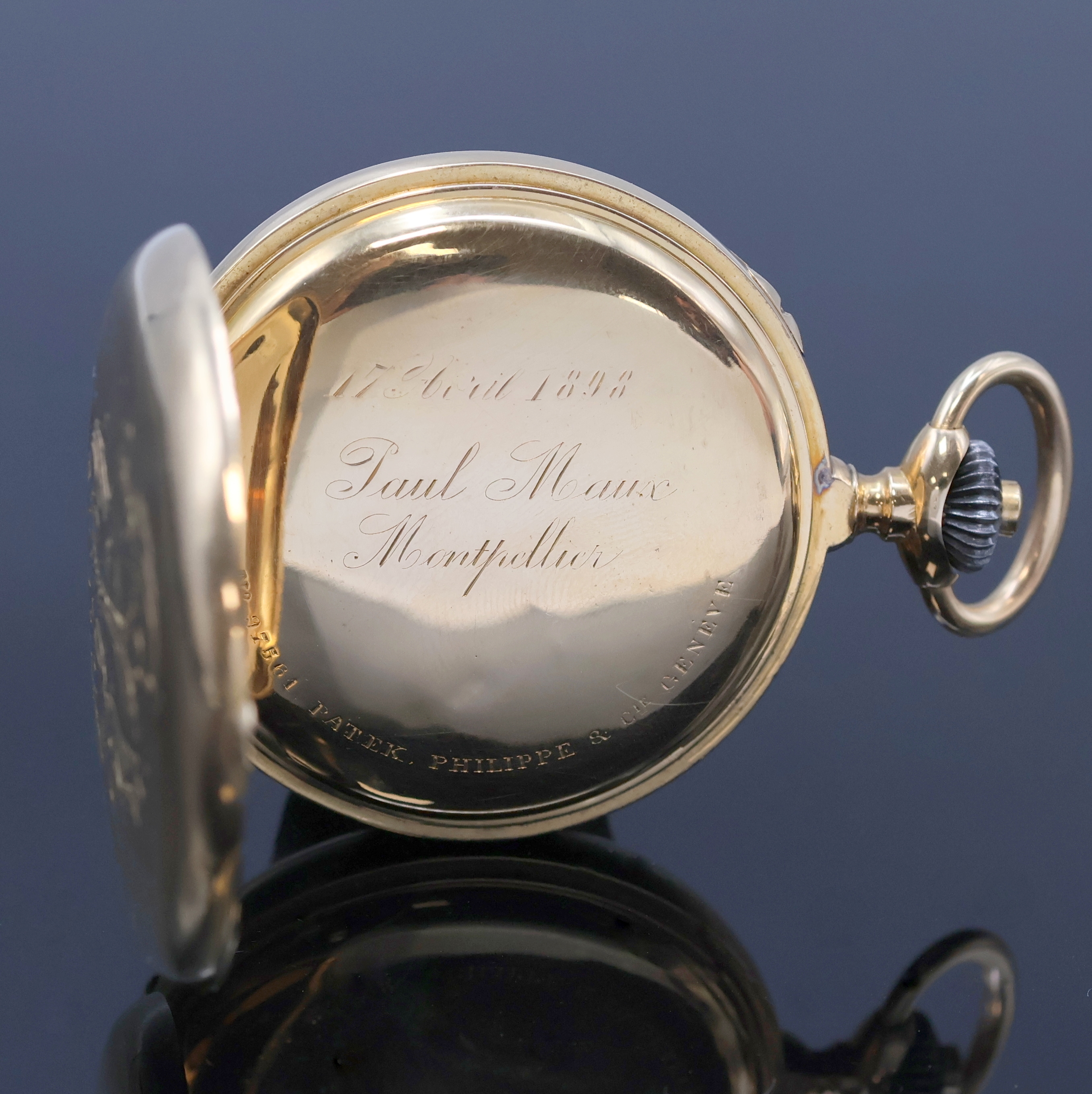 Detail b: PATEK PHILIPPE & CO Herrentaschenuhr mit Chronograph in RG 750/000, Schweiz um 1898, glattes Geh. m. à-Goutte Schlüssen, Rückdeckel u. Cuvette m. ...