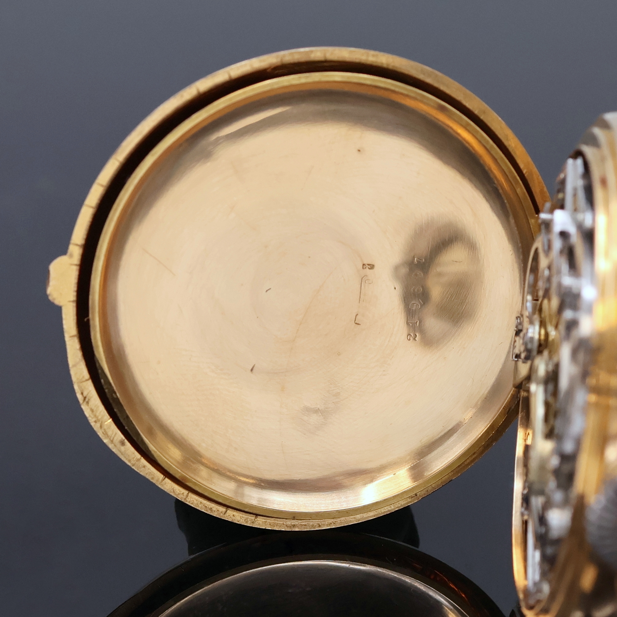 Detail c: PATEK PHILIPPE & CO Herrentaschenuhr mit Chronograph in RG 750/000, Schweiz um 1898, glattes Geh. m. à-Goutte Schlüssen, Rückdeckel u. Cuvette m. ...