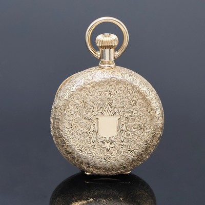 27062457a - ELGIN Savonette Taschenuhr in GG 585/000, USA um 1890, fein grav. 3-Deckel Goldgeh., 2- ...