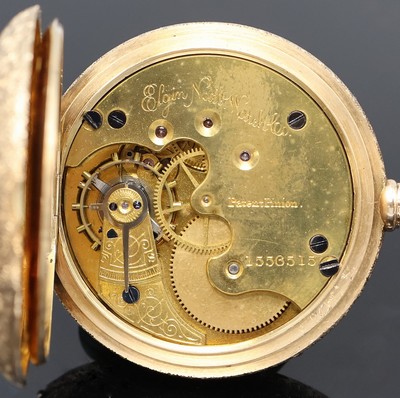 27062457f - ELGIN Savonette Taschenuhr in GG 585/000, USA um 1890, fein grav. 3-Deckel Goldgeh., 2- ...