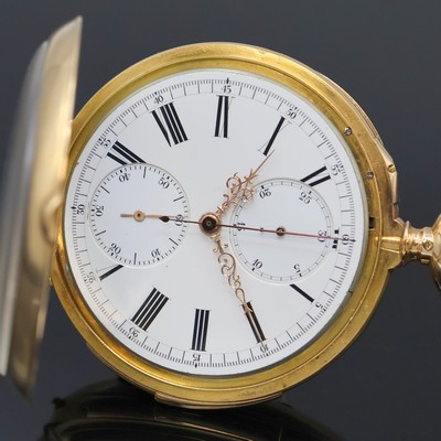 27062460a - Schwere offene Herrentaschenuhr mit 1/4 Stunden-Repetition und Chronograph in GG 750/000, ...