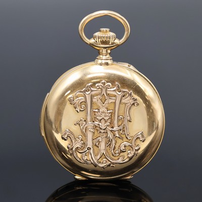 27062460b - Schwere offene Herrentaschenuhr mit 1/4 Stunden-Repetition und Chronograph in GG 750/000, ...