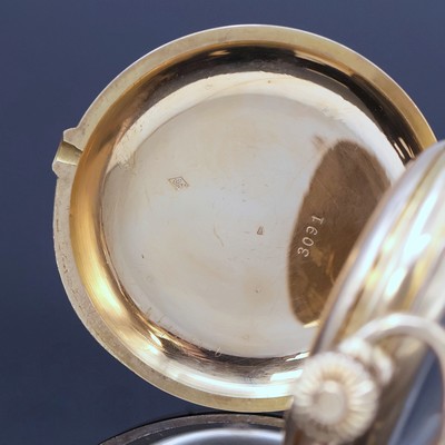 27062460c - Schwere offene Herrentaschenuhr mit 1/4 Stunden-Repetition und Chronograph in GG 750/000, ...