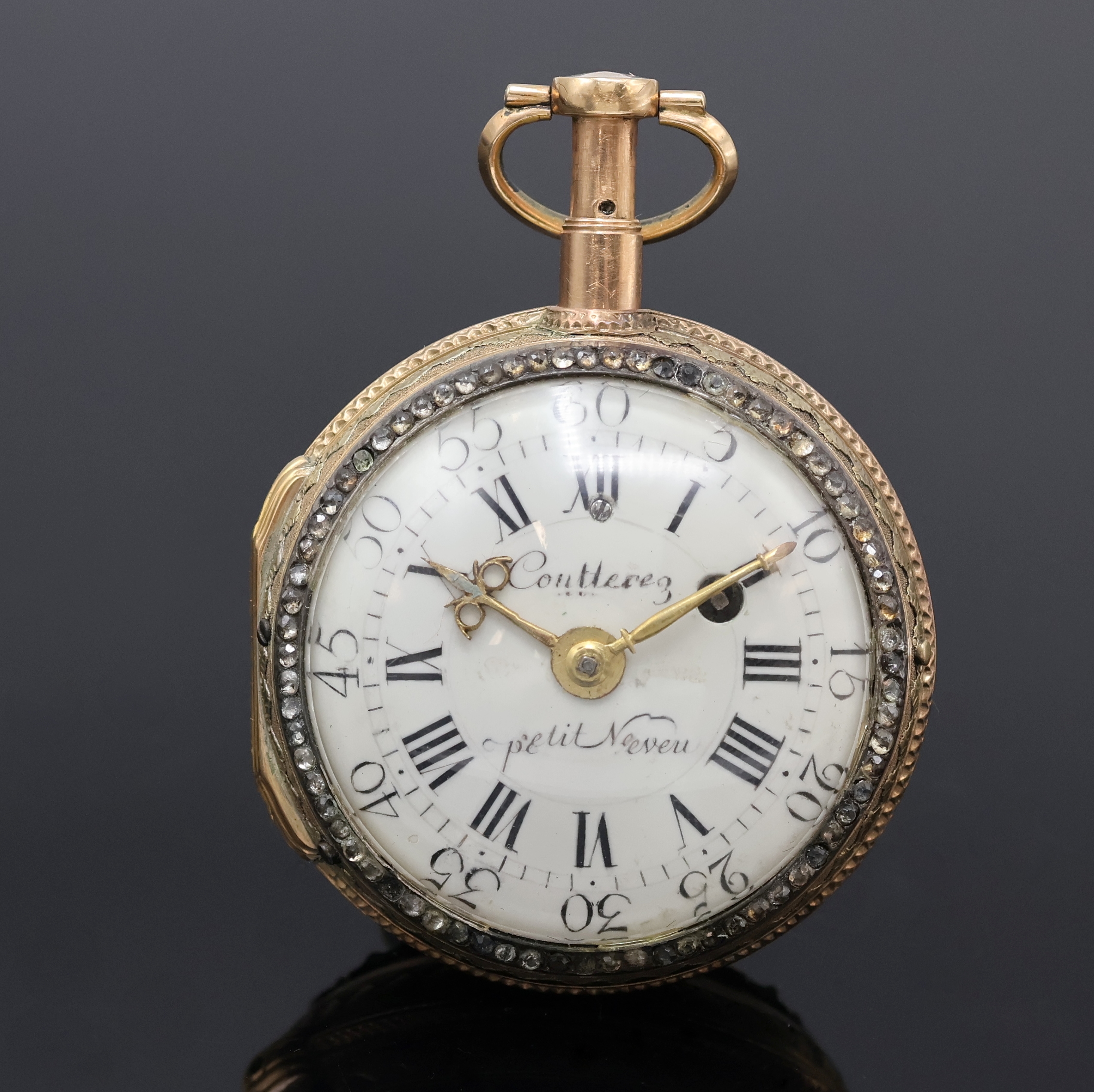 Detail a: COUTTEREZ PETIT NEVEU Email-Spindeltaschenuhr mit 1/4-Stunden-Repetition, Frankreich um 1770, verg. Geh. m. großem Außenscharnier, rücks. ...