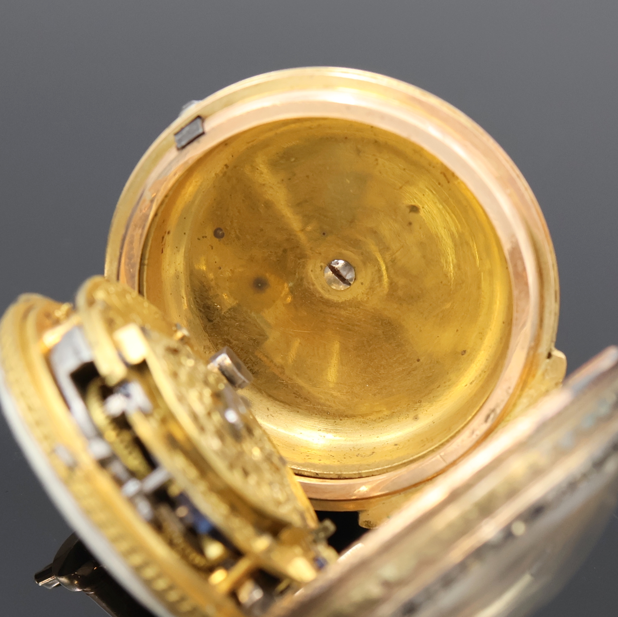 Detail c: COUTTEREZ PETIT NEVEU Email-Spindeltaschenuhr mit 1/4-Stunden-Repetition, Frankreich um 1770, verg. Geh. m. großem Außenscharnier, rücks. ...