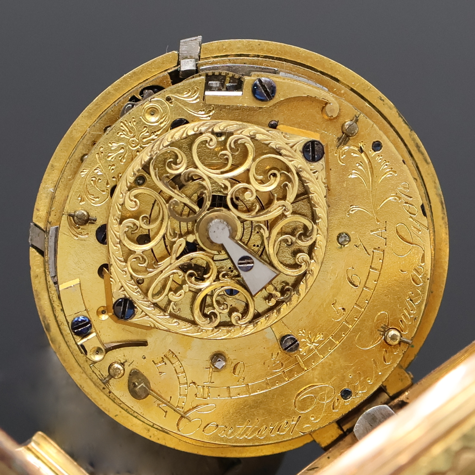 Detail d: COUTTEREZ PETIT NEVEU Email-Spindeltaschenuhr mit 1/4-Stunden-Repetition, Frankreich um 1770, verg. Geh. m. großem Außenscharnier, rücks. ...