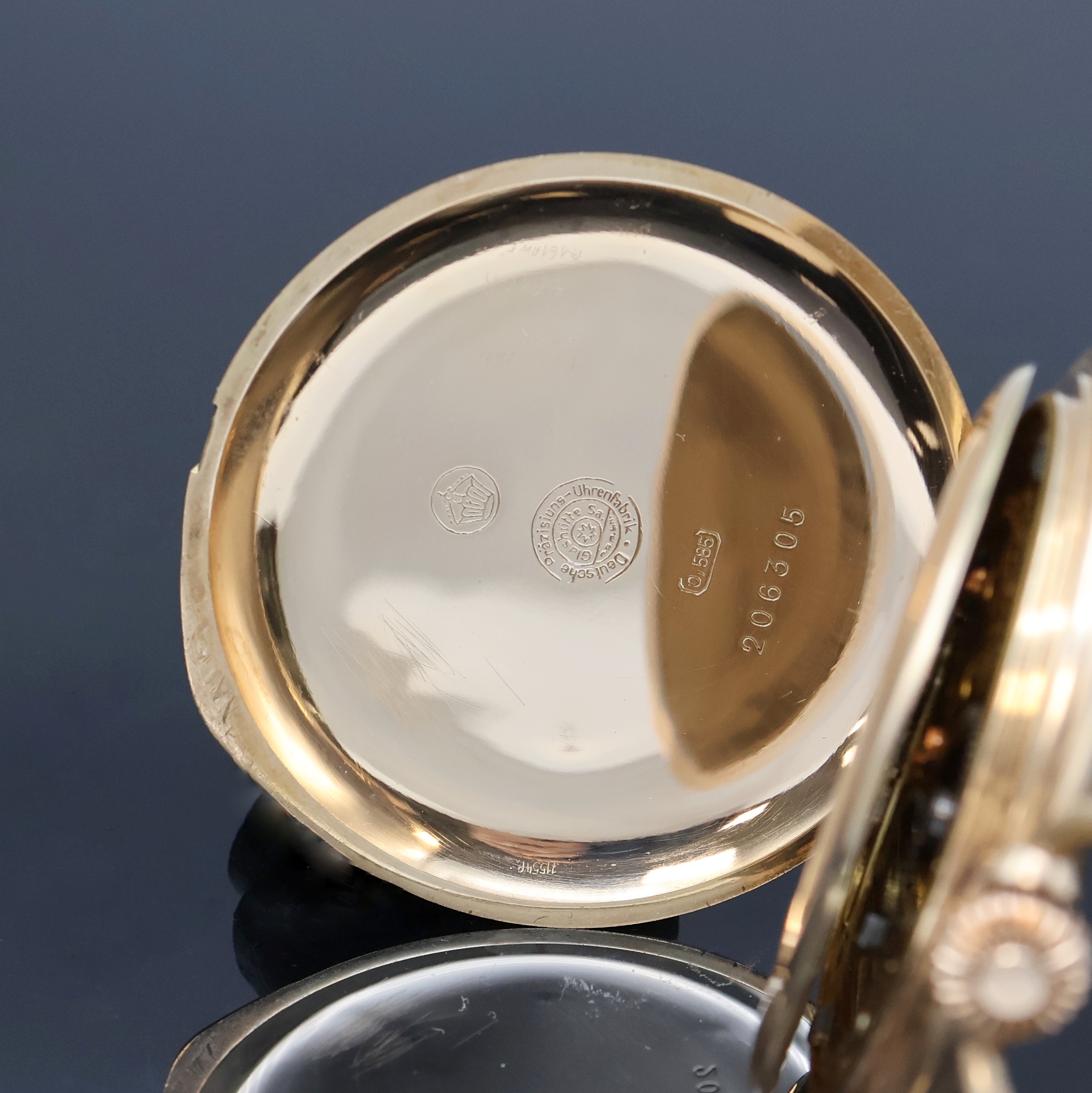 Detail d: DEUTSCHE PRÄZISIONSUHRENFABRIK GLASHÜTTE(SA.) E.G.M.B.H. Herrensavonette in RoseG 585/000, Deutschland um 1920, glattes 3-Deckel Goldgeh., ...