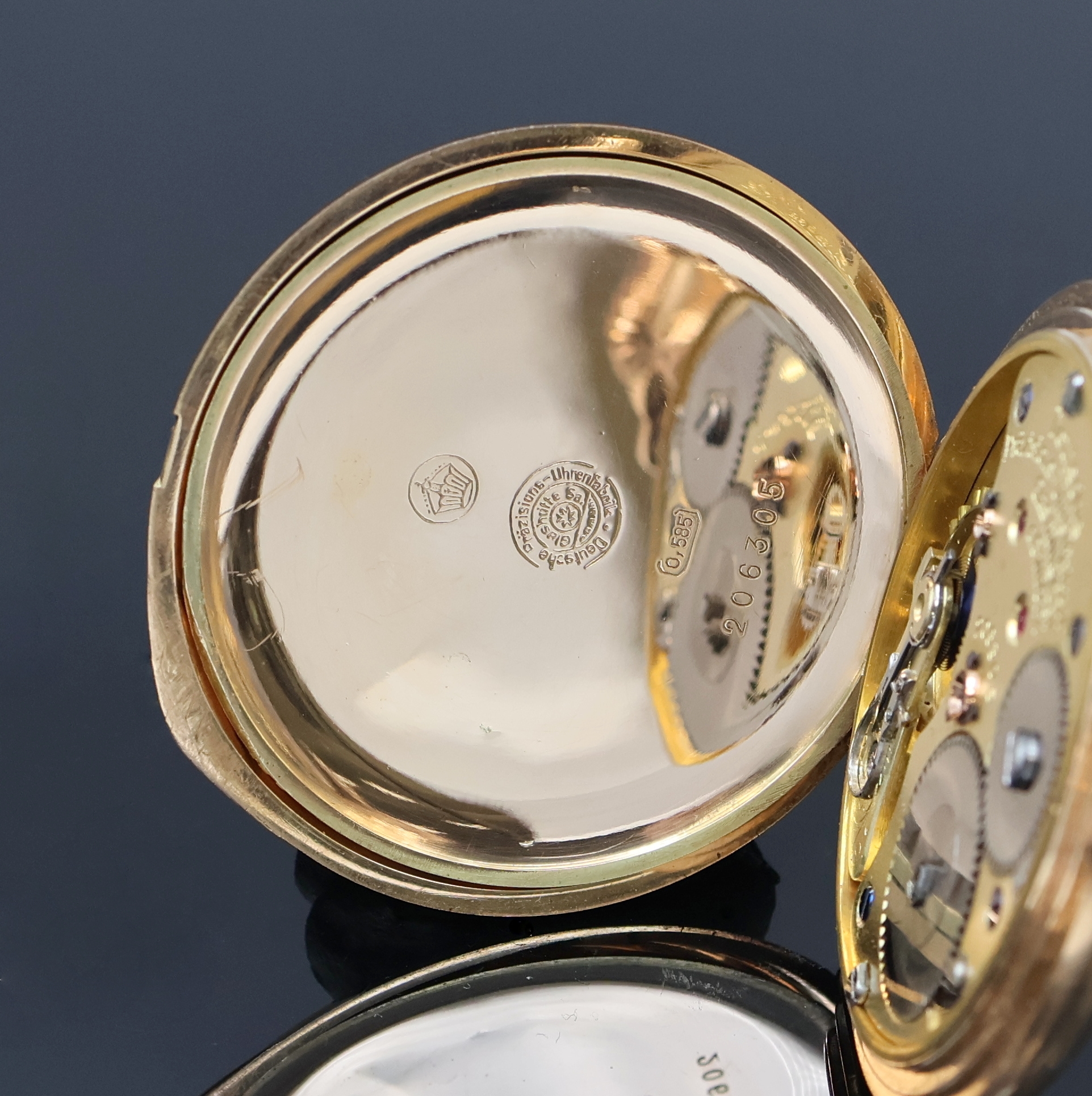Detail f: DEUTSCHE PRÄZISIONSUHRENFABRIK GLASHÜTTE(SA.) E.G.M.B.H. Herrensavonette in RoseG 585/000, Deutschland um 1920, glattes 3-Deckel Goldgeh., ...