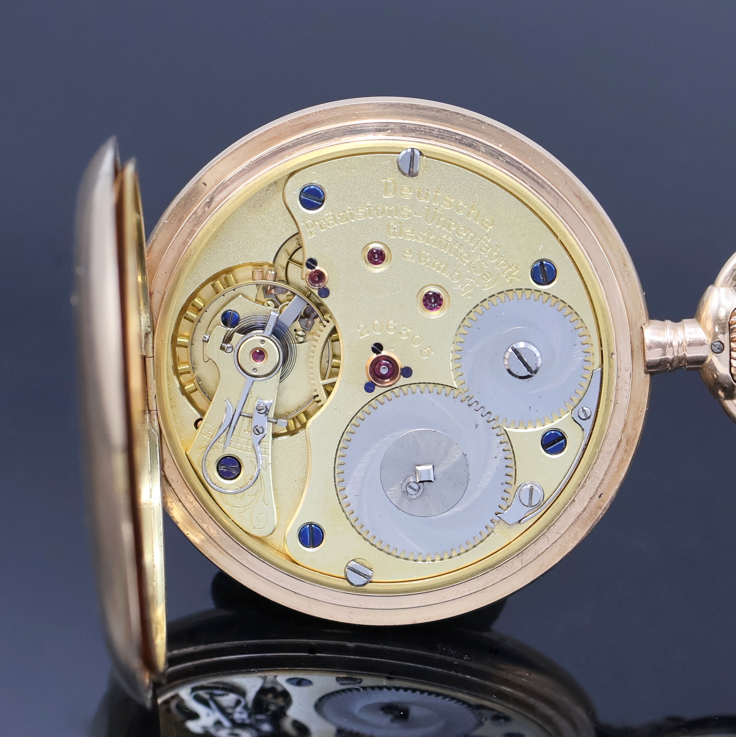 Detail g: DEUTSCHE PRÄZISIONSUHRENFABRIK GLASHÜTTE(SA.) E.G.M.B.H. Herrensavonette in RoseG 585/000, Deutschland um 1920, glattes 3-Deckel Goldgeh., ...