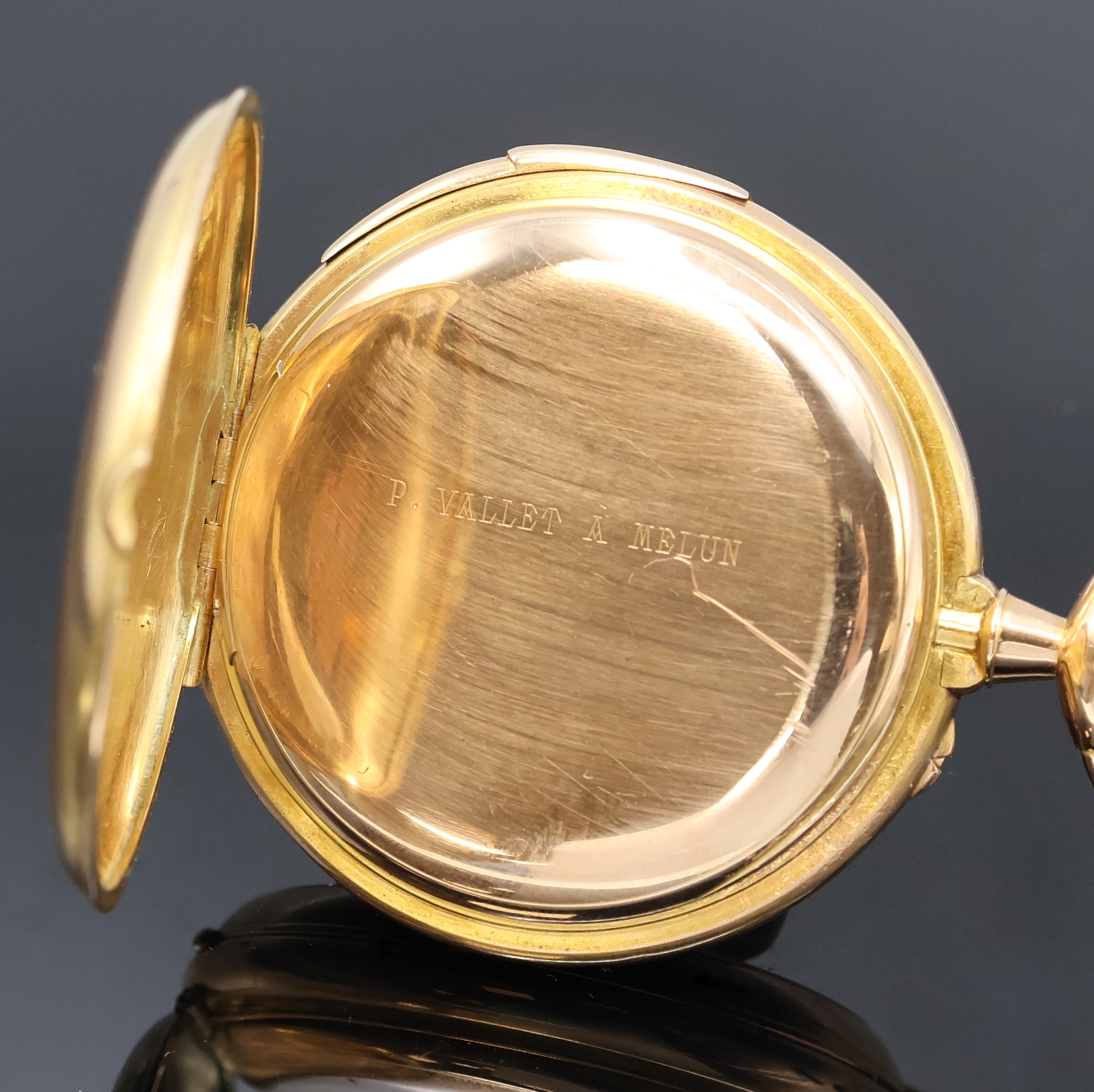 Detail c: Herrentaschenuhr mit Minutenrepetition in RG 750/000, Schweiz/Frankreich um 1900, glattes 2-Deckel Goldgeh. m. à-Goutte Schlüssen, 5- tlg. ...