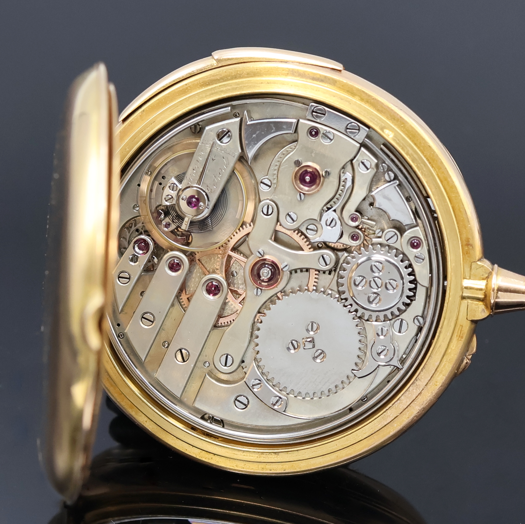 Detail e: Herrentaschenuhr mit Minutenrepetition in RG 750/000, Schweiz/Frankreich um 1900, glattes 2-Deckel Goldgeh. m. à-Goutte Schlüssen, 5- tlg. ...