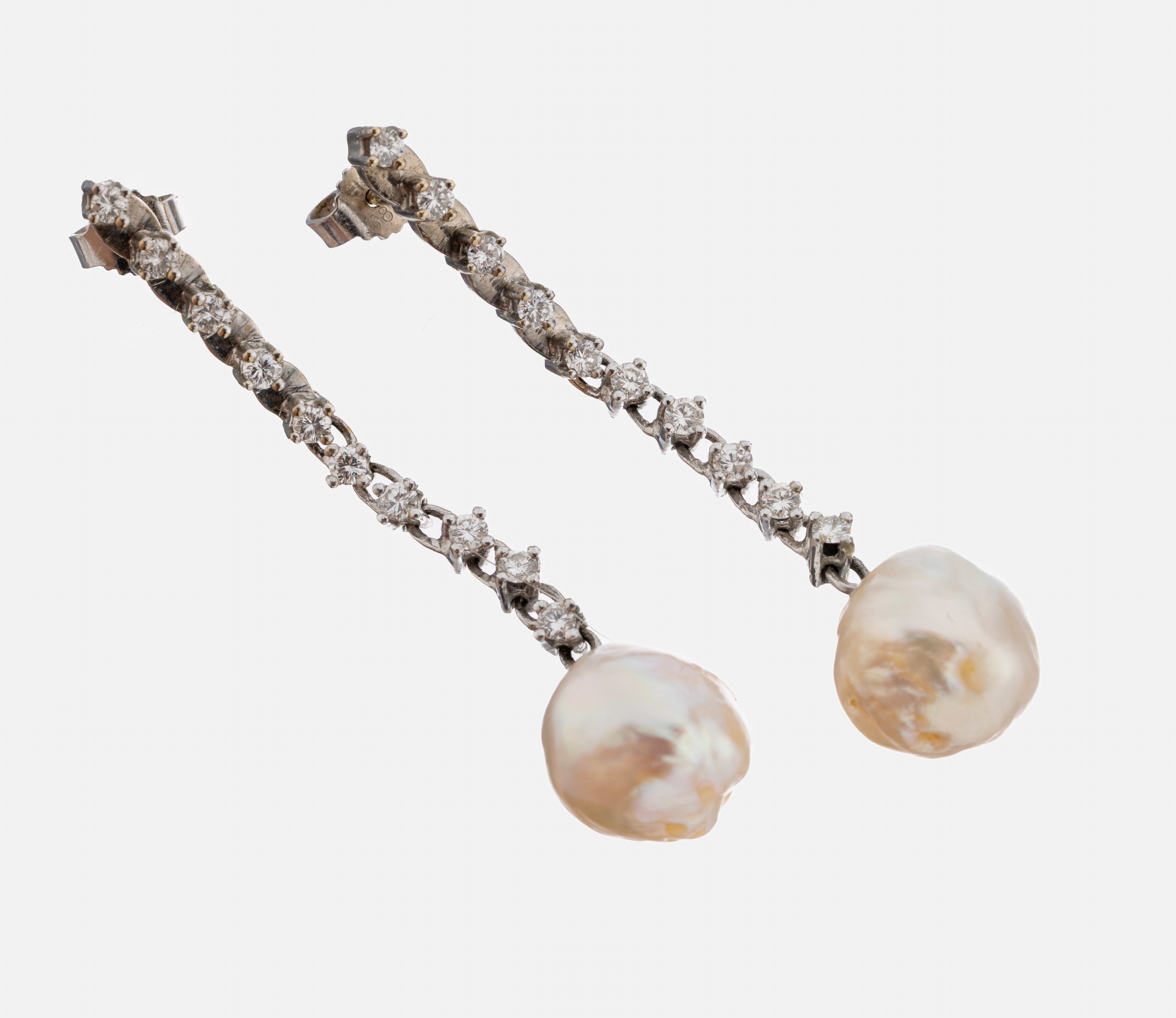 Image 27062538 - 14 kt Gold Brillant-Perl-Ohrstecker, WG 585/000, länglich bewegl., 20 Brillanten zus. ...