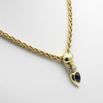 27062666a - Anhänger mit Saphir und Brillanten an Fuchs- schwanzkette, GG 585/000, Karabinerschl., ...