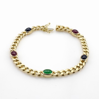 27062798a - Massives Panzerarmband mit Farbsteinen, GG 585/000, 2 Saphircabochons, 2 Rubincabochons ...