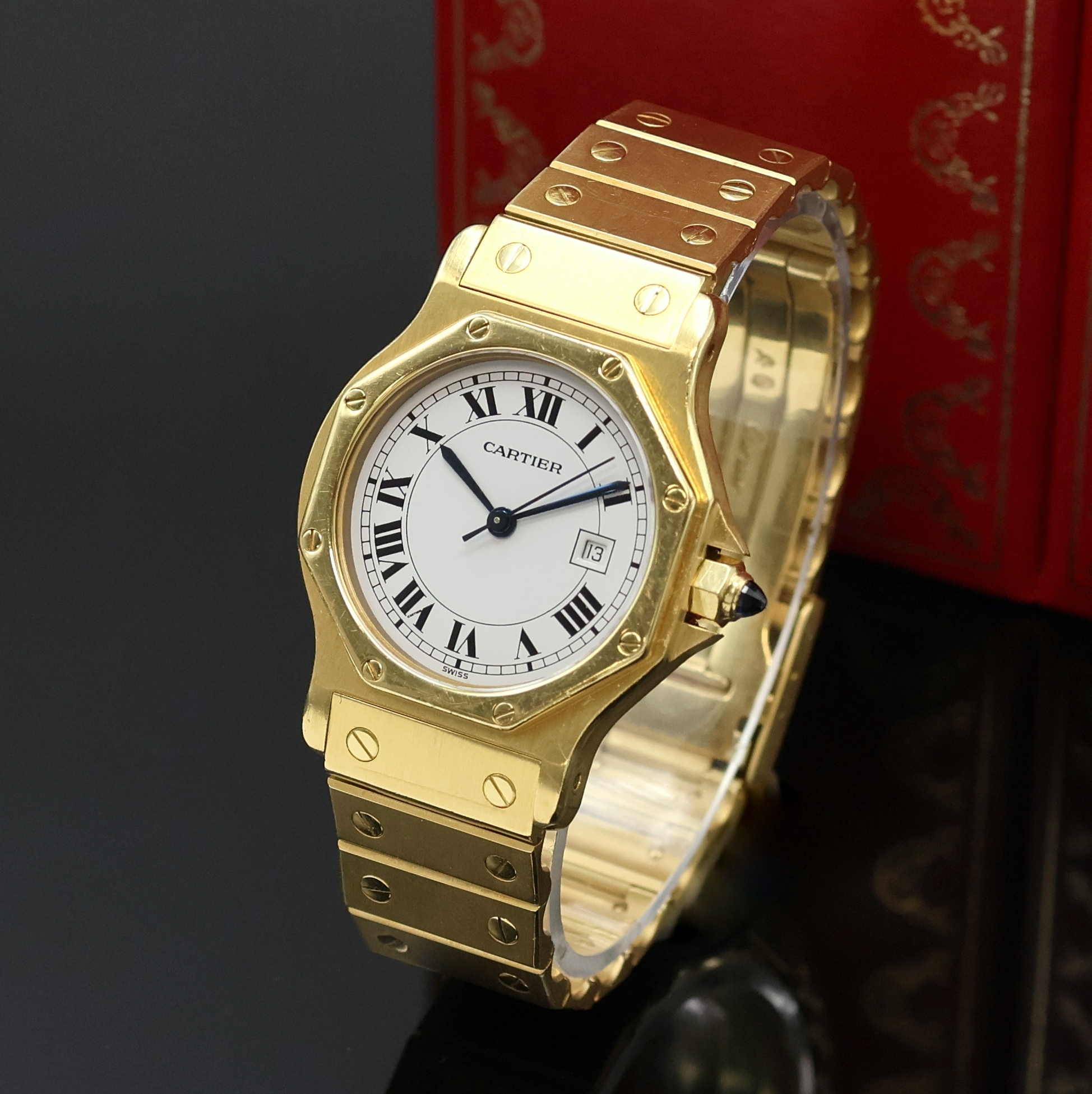 Detail a: CARTIER Santos Octagon Armbanduhr in GG 750/000, Automatik, massives Goldgeh. inkl. Gliederband m. Faltschl., oktagonale Lünette gegen Geh. 8-fach ...