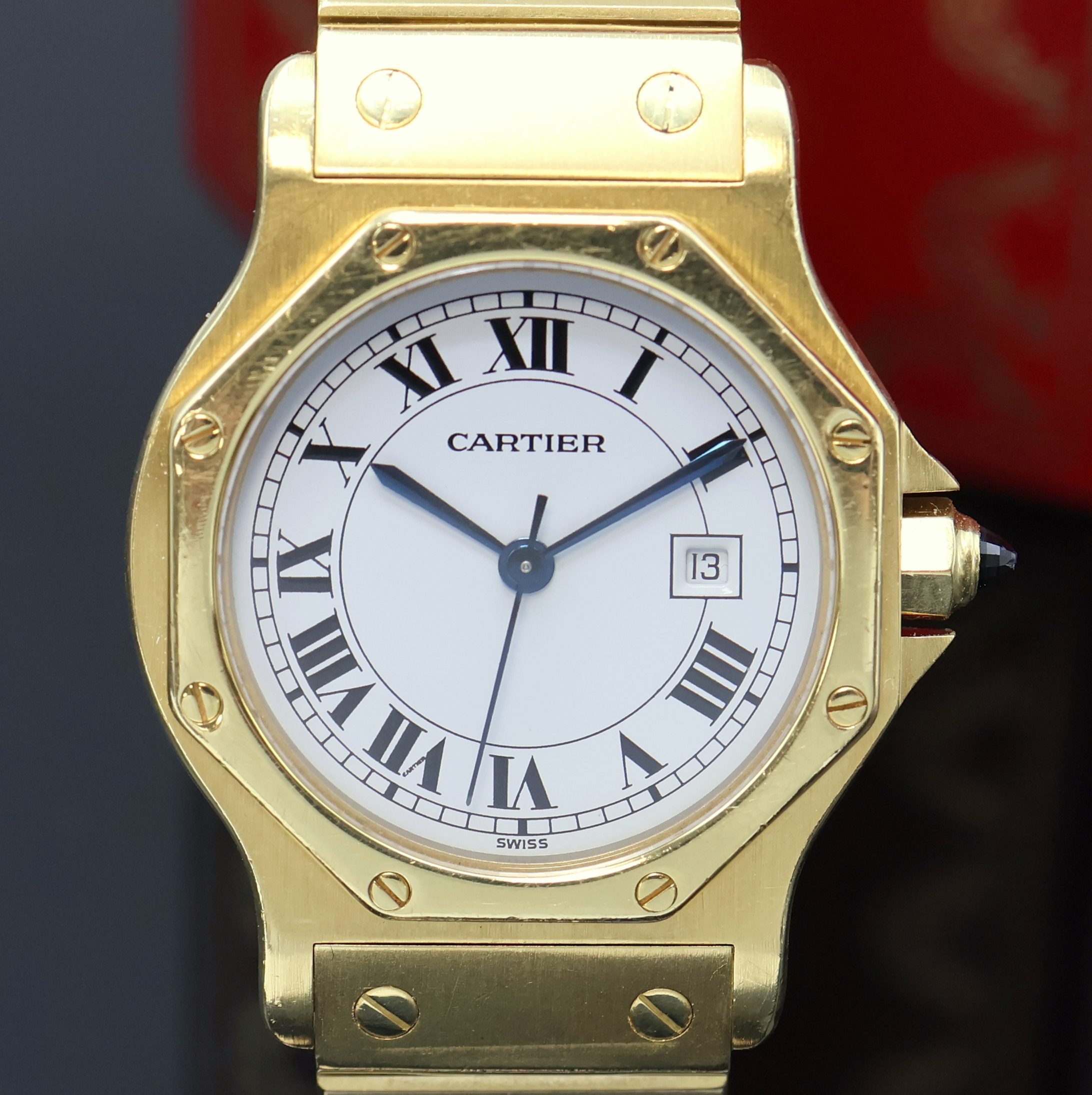 Detail b: CARTIER Santos Octagon Armbanduhr in GG 750/000, Automatik, massives Goldgeh. inkl. Gliederband m. Faltschl., oktagonale Lünette gegen Geh. 8-fach ...
