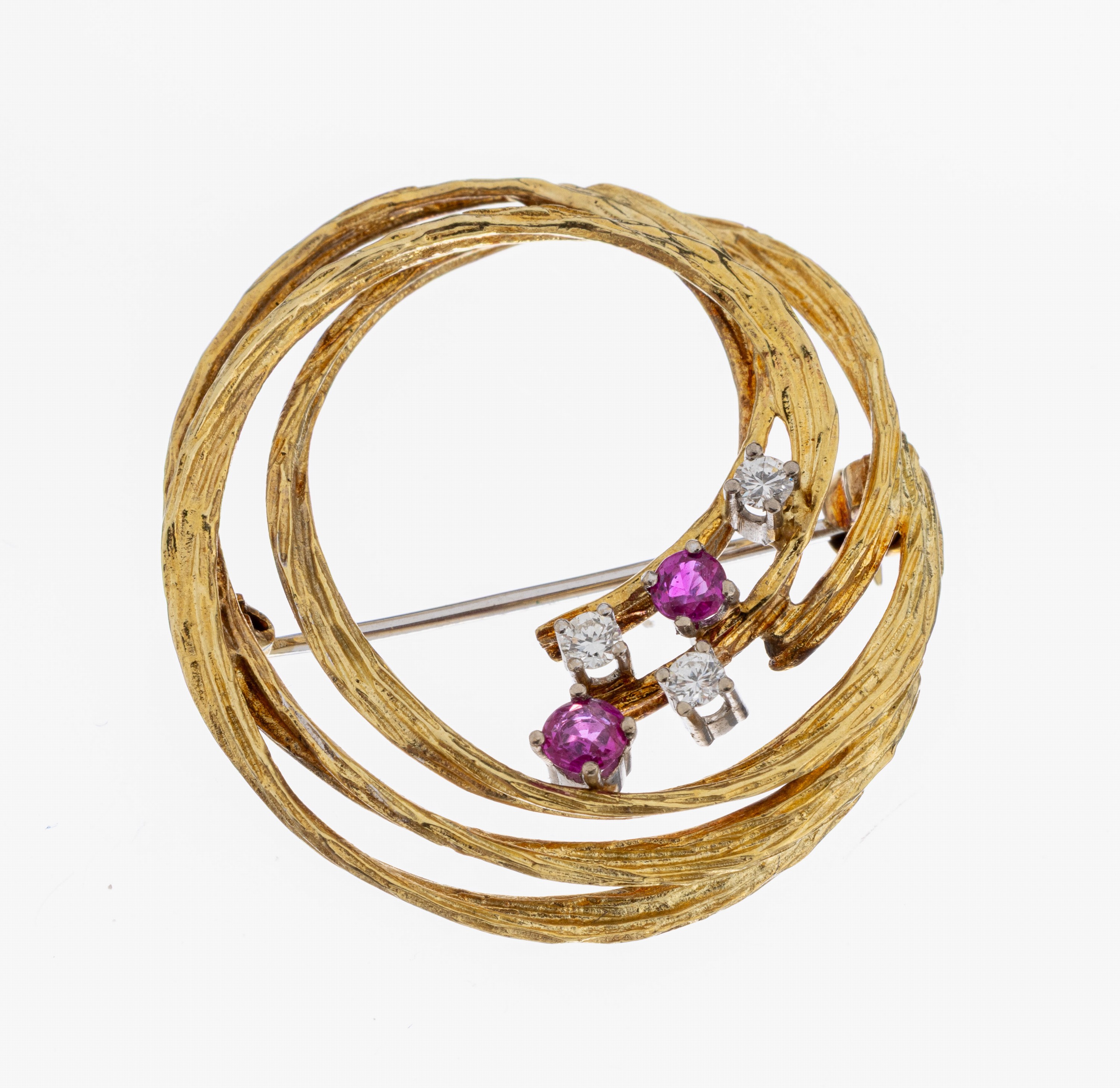 Image 27062903 - 14 kt Gold Rubin Diamant Brosche, GG 585/ 000, mehrreihige kreisf. Brosche, bes. mit 3 ...