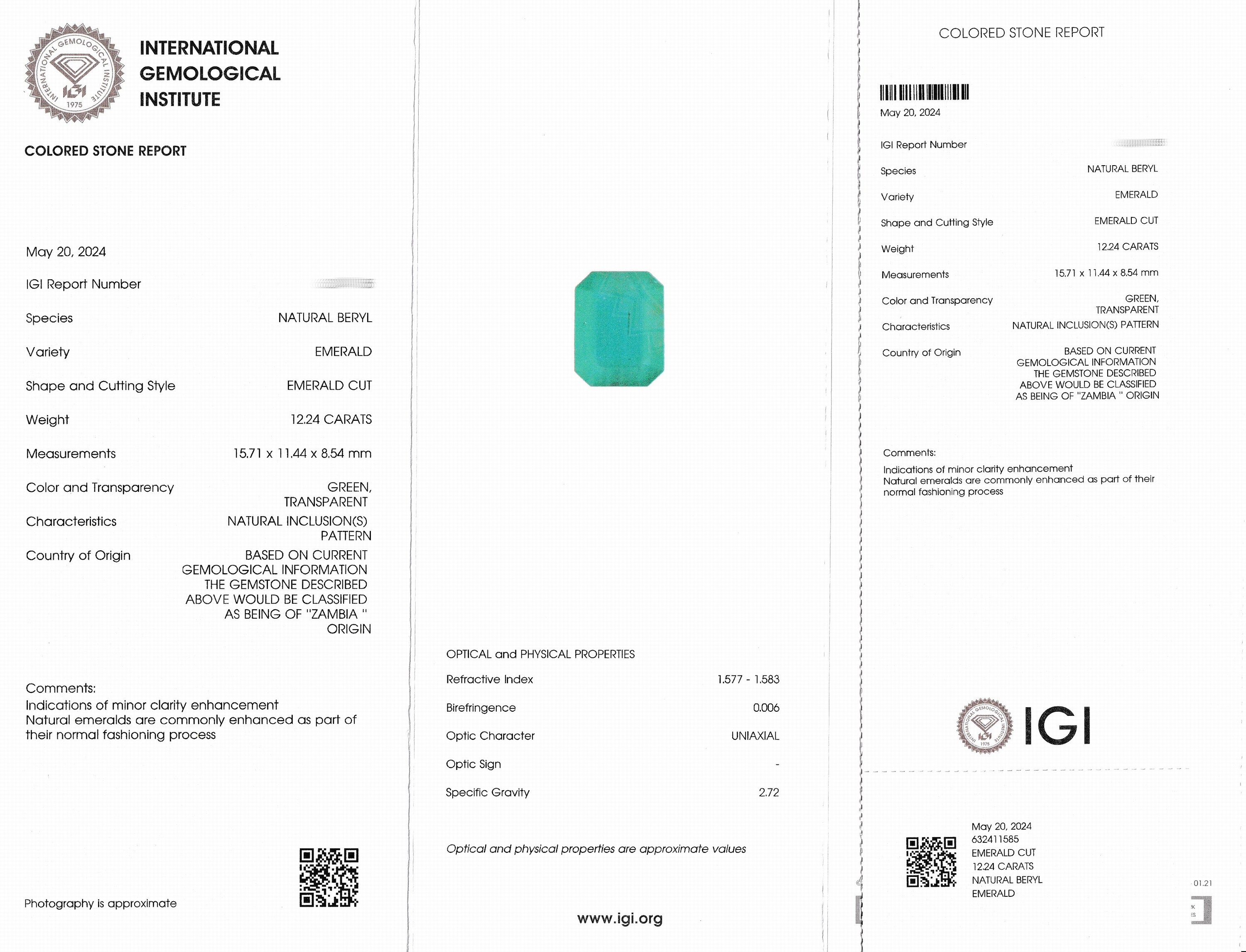 Detail d: Loser Smaragd, 12.24 ct, Emerald Cut, 15.71 x 11.44 x 8.54 mm, Herkunft Sambia, Anzeichen für geringe Reinheitsbehandlung, mit IGI- Expertise, ...
