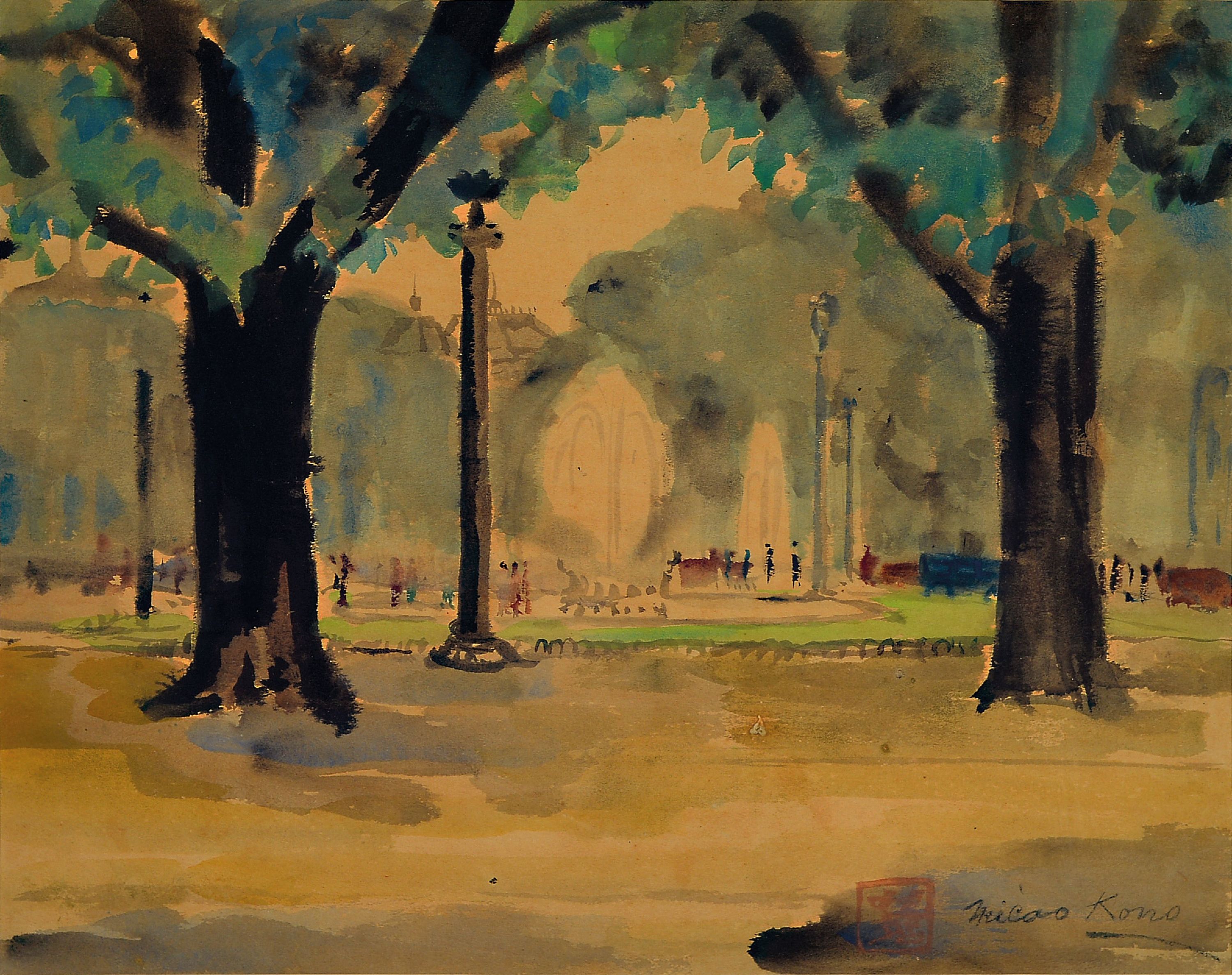 Image 27062961 - Micao Kono, 1876-1954, japanischer Künstler, Aquarell, Pariser Parklandschaft, rechts ...