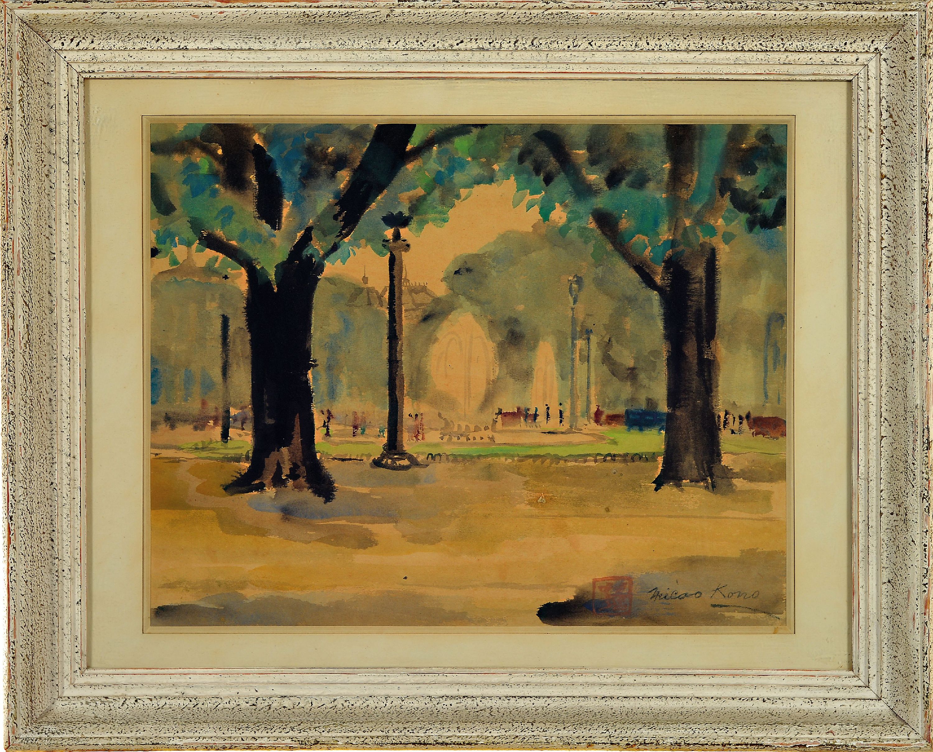 Detail k: Micao Kono, 1876-1954, japanischer Künstler,Aquarell, Pariser Parklandschaft, rechts untenin europäischer und japanischer Manier signiert, unter PP ...
