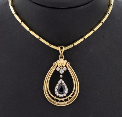 Image 14 kt Gold Saphir-Diamant-Anhänger, GG 585/000, mittig mit einem facett. Saphirtropfen ...