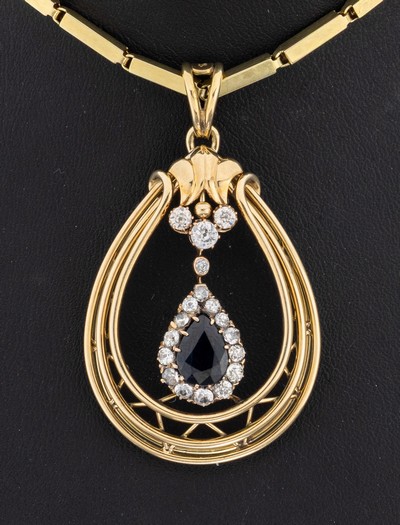 27062932a - 14 kt Gold Saphir-Diamant-Anhänger, GG 585/000, mittig mit einem facett. Saphirtropfen ...