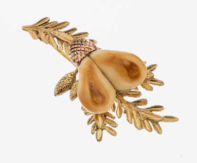 Image 14 kt Gold Grandel-Brosche, GG/RG 585/000, Eichlaubdekor, fein grav., Meistermarke ...