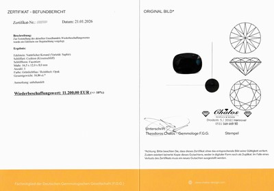 27062954c - Loser Saphir, 16.00 ct, Brillant Step Cut, very dark blue, 16.66 x 12.12 x 8.06 mm, GIA- ...