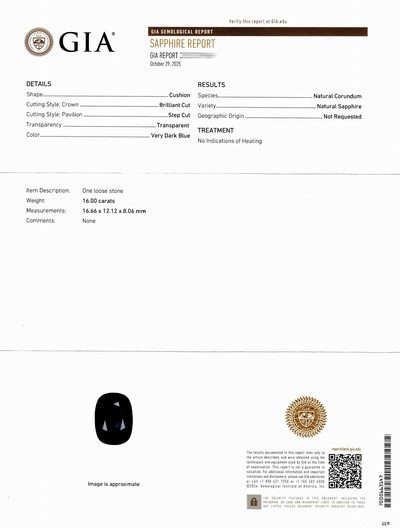 27062954d - Loser Saphir, 16.00 ct, Brillant Step Cut, very dark blue, 16.66 x 12.12 x 8.06 mm, GIA- ...