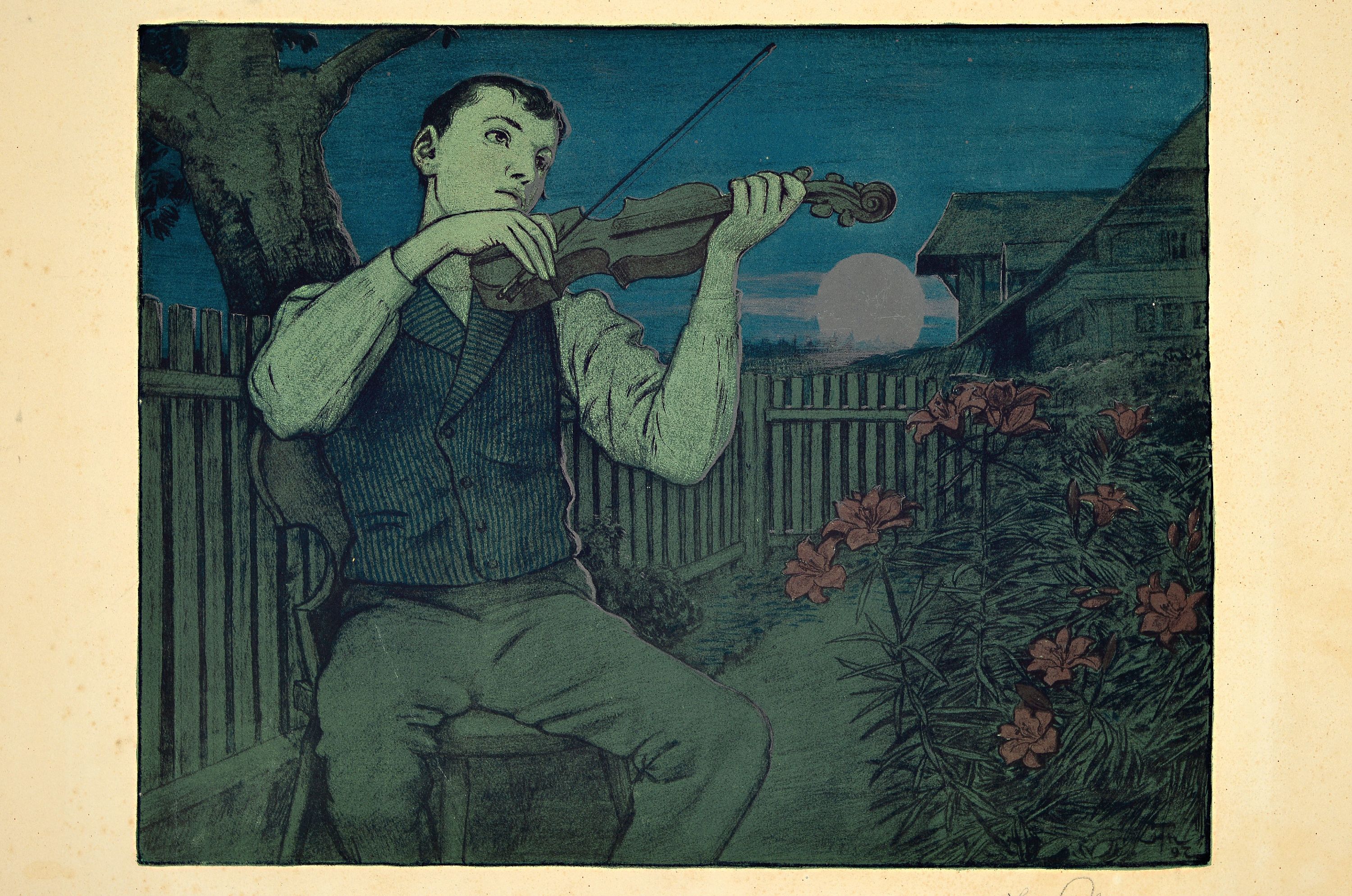 Detail k: Hans Thoma, 1839 Bernau-1924 Karlsruhe, Farblithographie "Der Mondscheingeiger" (1897), handsigniert in Bleistift, verso Stempel ...