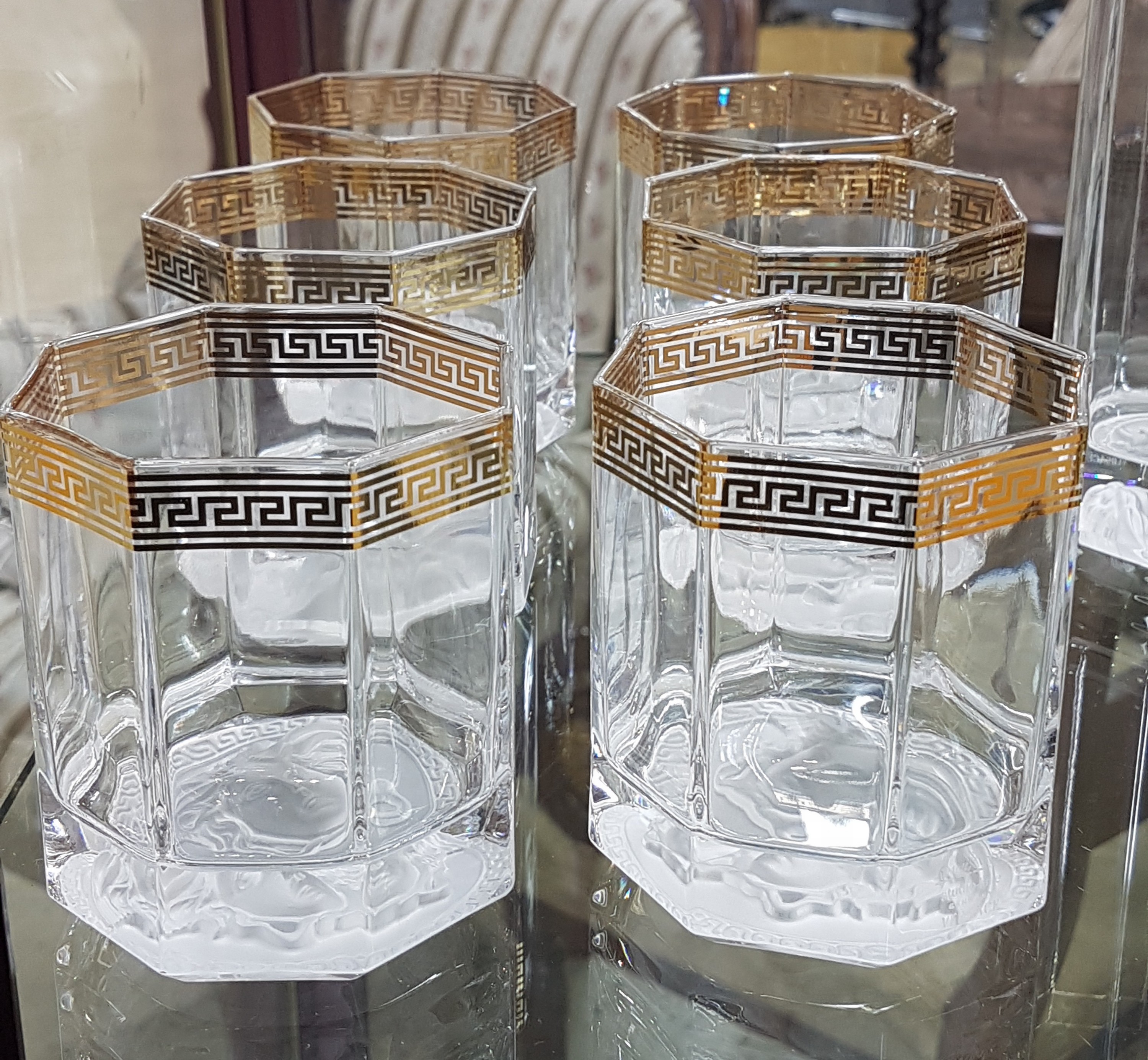 Detail a: 8 Gläser, Versace, Lumiere, mit Golddekor, 6 Whisky-Gläser und zwei hohe Gläser, drei orig. Kartons