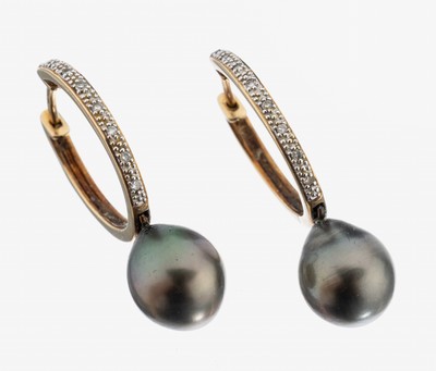 Image Paar 9 kt Gold Perl-Diamant-Ohrcreolen, GG 375/000, bewegl. abgehangene ...