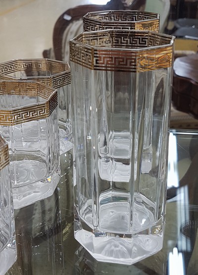 27063076b - 8 glasses, Versace, Lumiere, with gold decoration, 6 Whisky-glasses and two high glasses, ...
