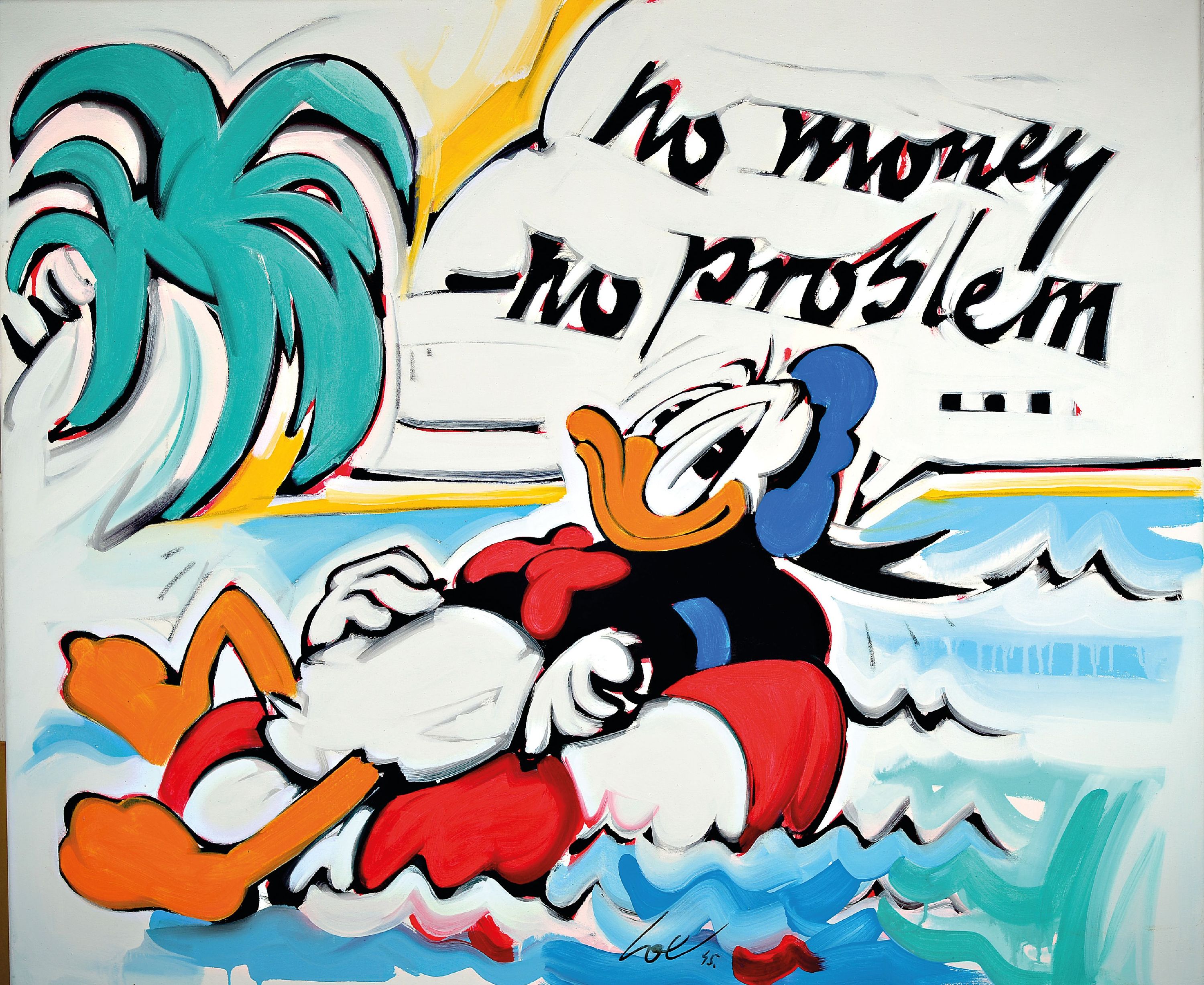 Detail k: Wolfgang Loesche, geb. 1947 Gotha, "No money no problem", Acryl/Lwd, signiert, mit Zertifikat, ca. 100 x 100 cm 1996 gekauft bei Galerie ...