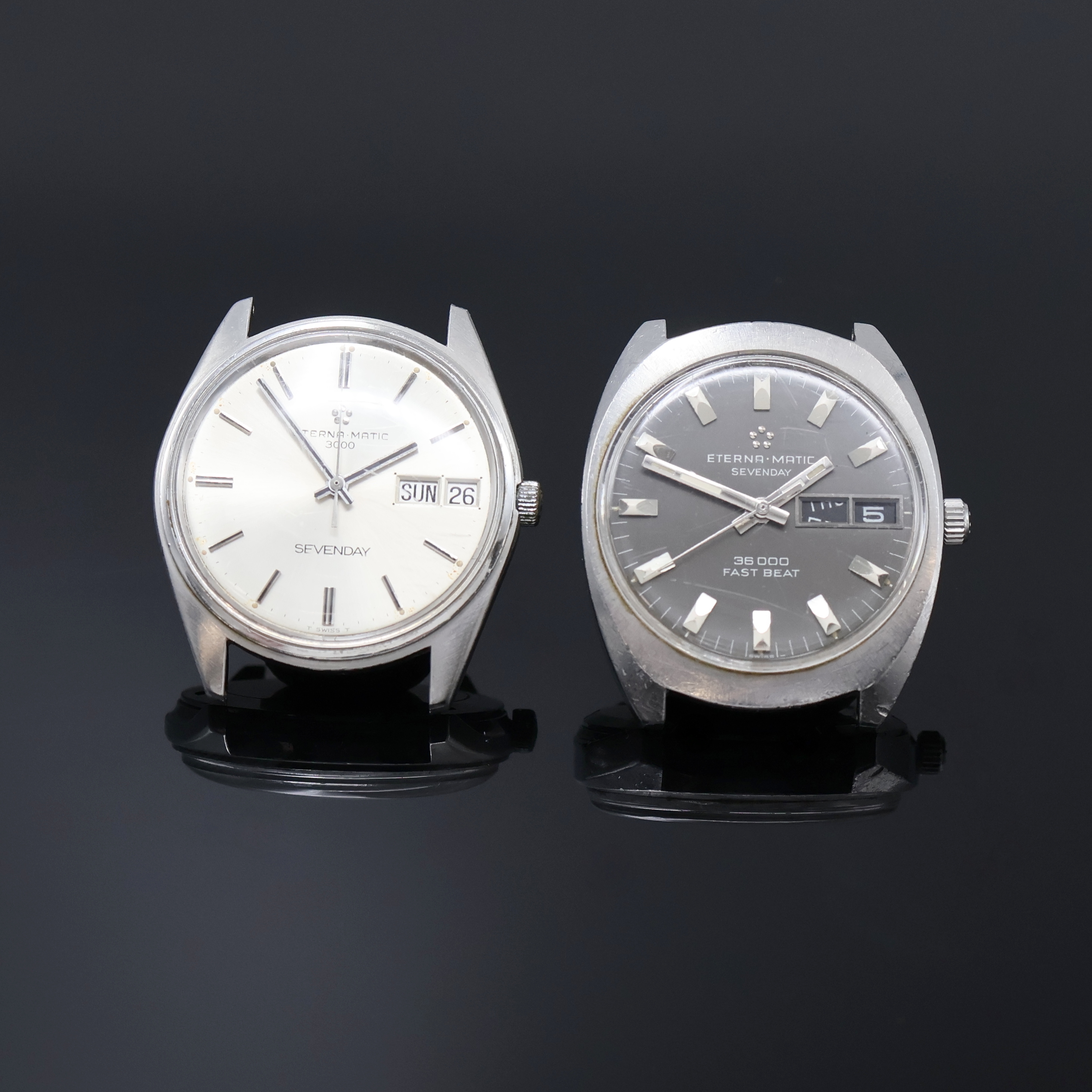 ETERNA-Matic 2 Armbanduhren Serie Sevenday in Stahl Referenz 106DT und 151T, Schweiz um 1970, Automatik, Böden verschr., silb./graues Zifferbl. m. ...