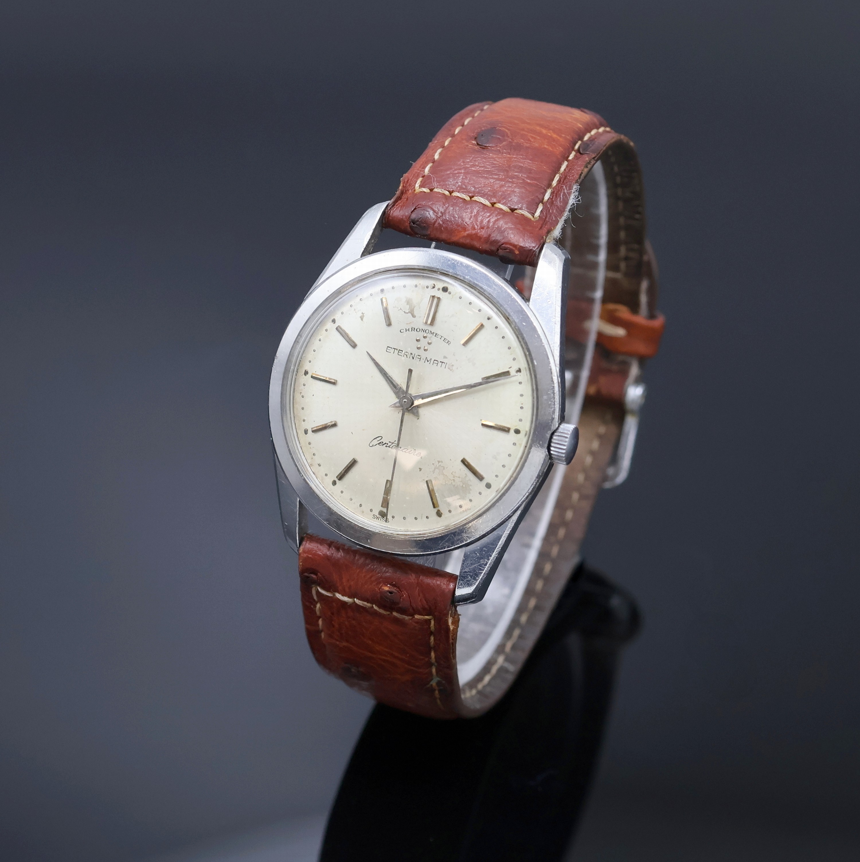 ETERNA-MATIC Centenaire Chronometer Armbanduhr in Stahl, Schweiz um 1965, Automatik, Boden verschr., silb. Zifferbl. pat./fleck., aufges. Std.-Ind., ...