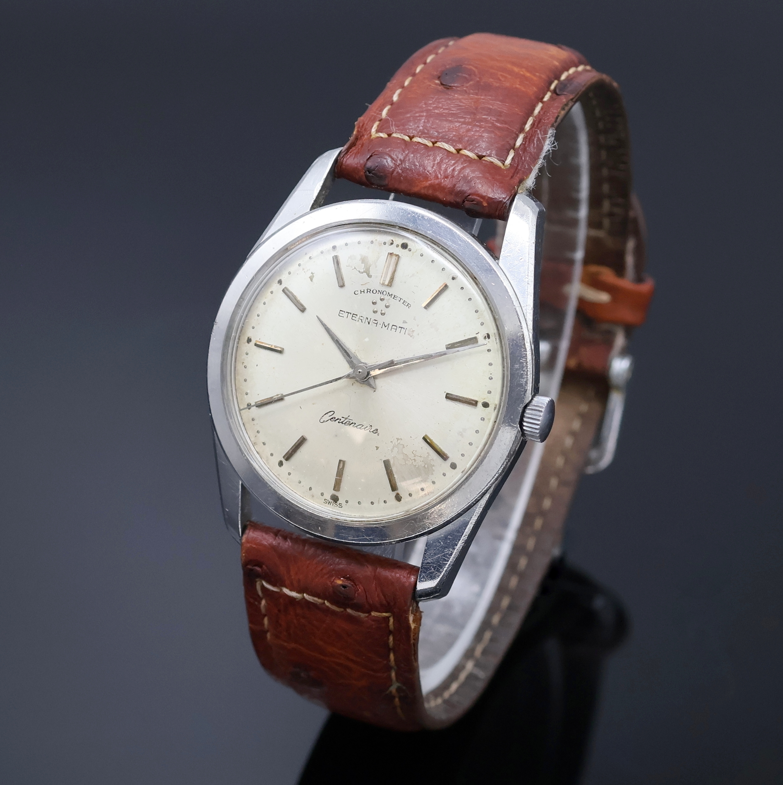 Detail a: ETERNA-MATIC Centenaire Chronometer Armbanduhr in Stahl, Schweiz um 1965, Automatik, Boden verschr., silb. Zifferbl. pat./fleck., aufges. Std.-Ind., ...