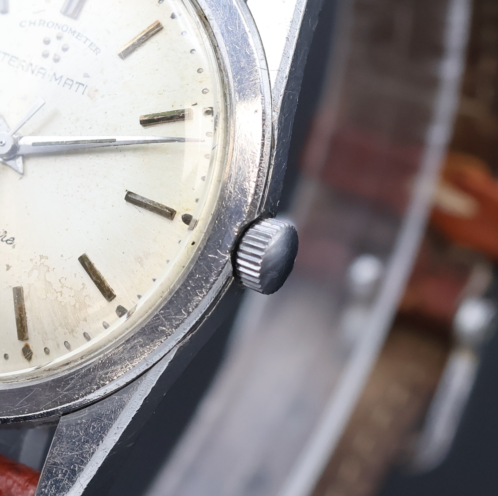 Detail c: ETERNA-MATIC Centenaire Chronometer Armbanduhr in Stahl, Schweiz um 1965, Automatik, Boden verschr., silb. Zifferbl. pat./fleck., aufges. Std.-Ind., ...