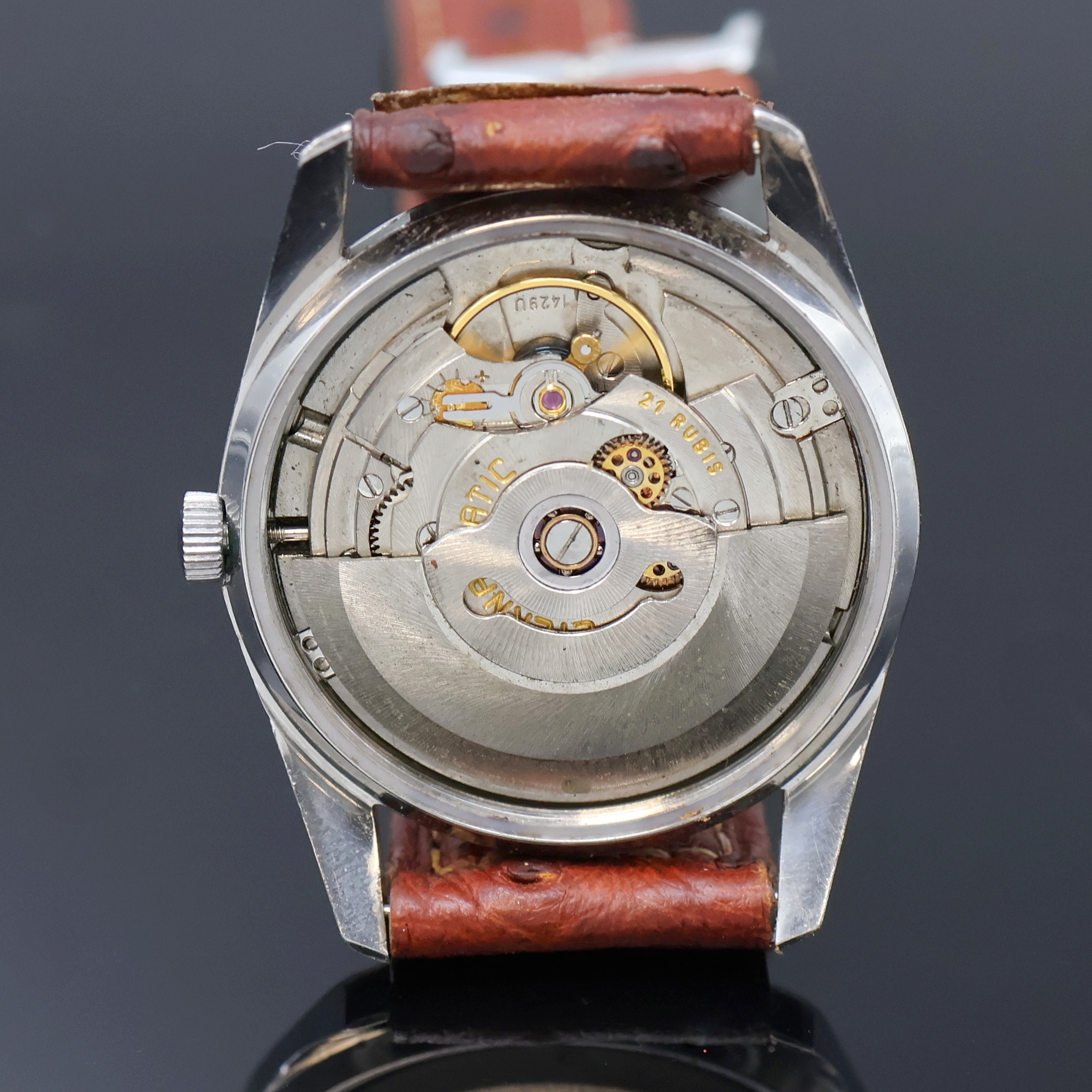 Detail e: ETERNA-MATIC Centenaire Chronometer Armbanduhr in Stahl, Schweiz um 1965, Automatik, Boden verschr., silb. Zifferbl. pat./fleck., aufges. Std.-Ind., ...