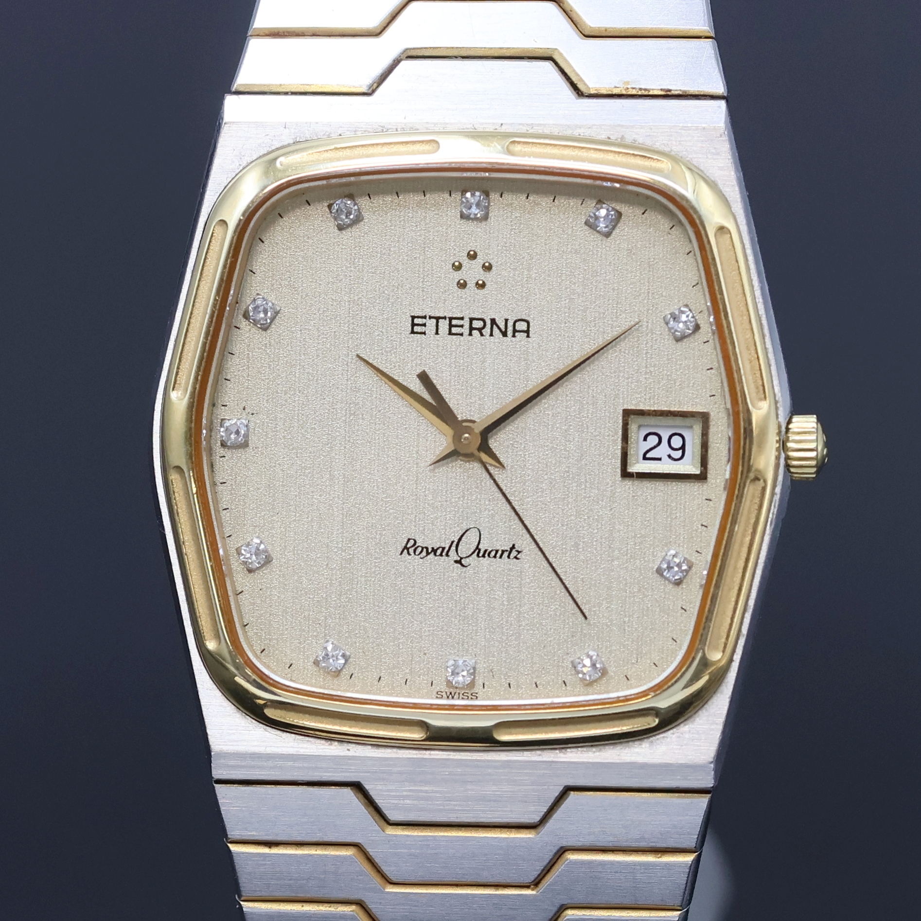 Detail a: ETERNA Royal Quartz Armbanduhr in Stahl/Gold, Schweiz um 1985, quarz, Monocoque-Geh., gold. Lünette gegen Boden 4- fach verschr., silb. Zifferbl. m. ...